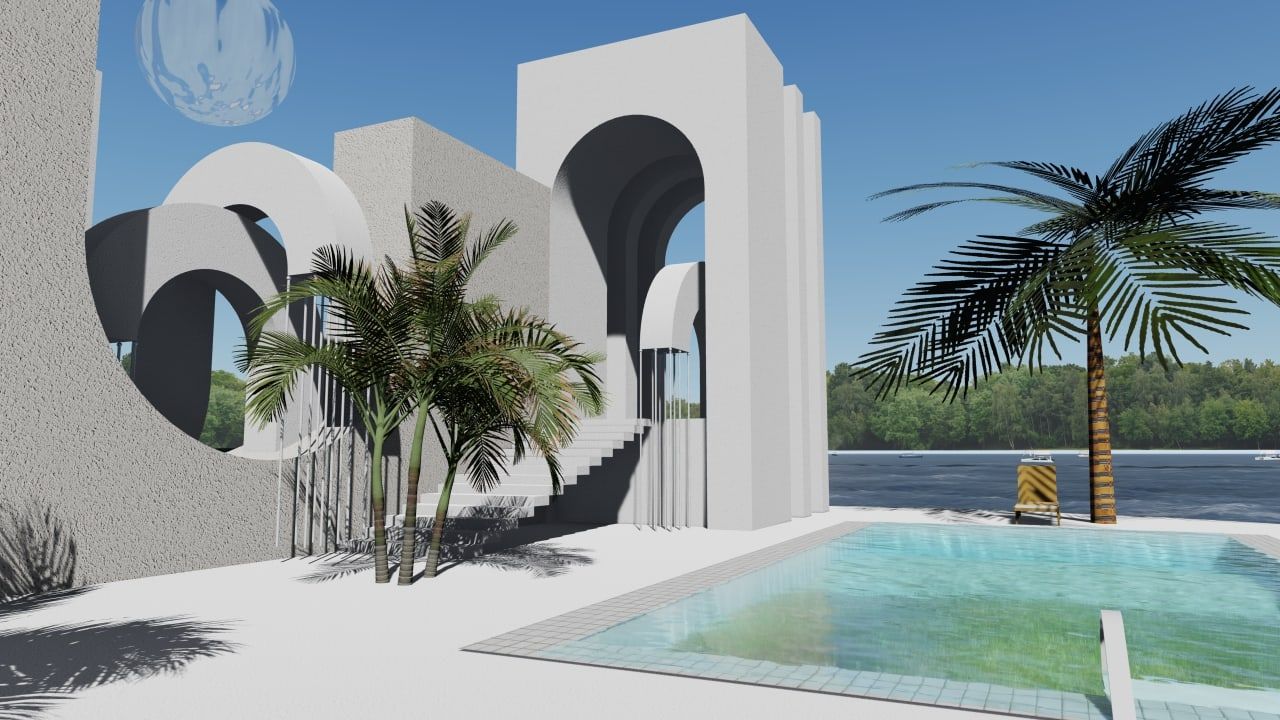 Arcades blanches autour d’un bassin, palmiers, plan d’eau en arrière-plan