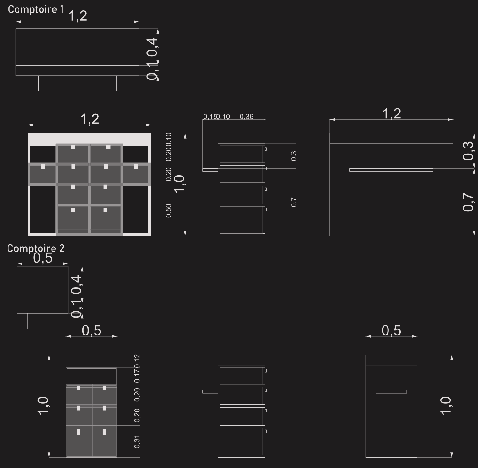 Plans, élévations et coupes des comptoirs 1 et 2 : 1,20 m et 0,50 m de large, 1 m de haut, tiroirs côté équipe