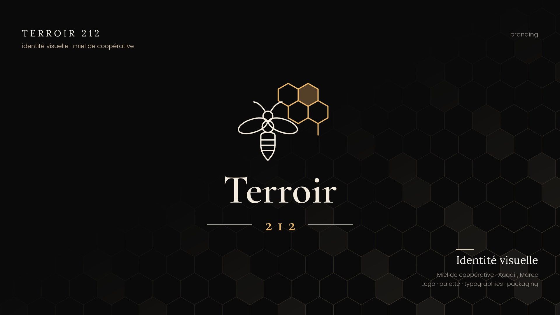 Couverture de l’identité visuelle Terroir 212 : logo à l’abeille en trait fin et alvéoles dorées sur fond brun miel