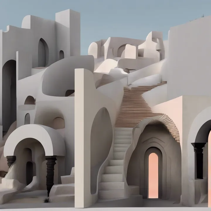 Rendu Creative Design : architecture blanche aux arches et escaliers imbriqués, ouverture rose en contre-jour