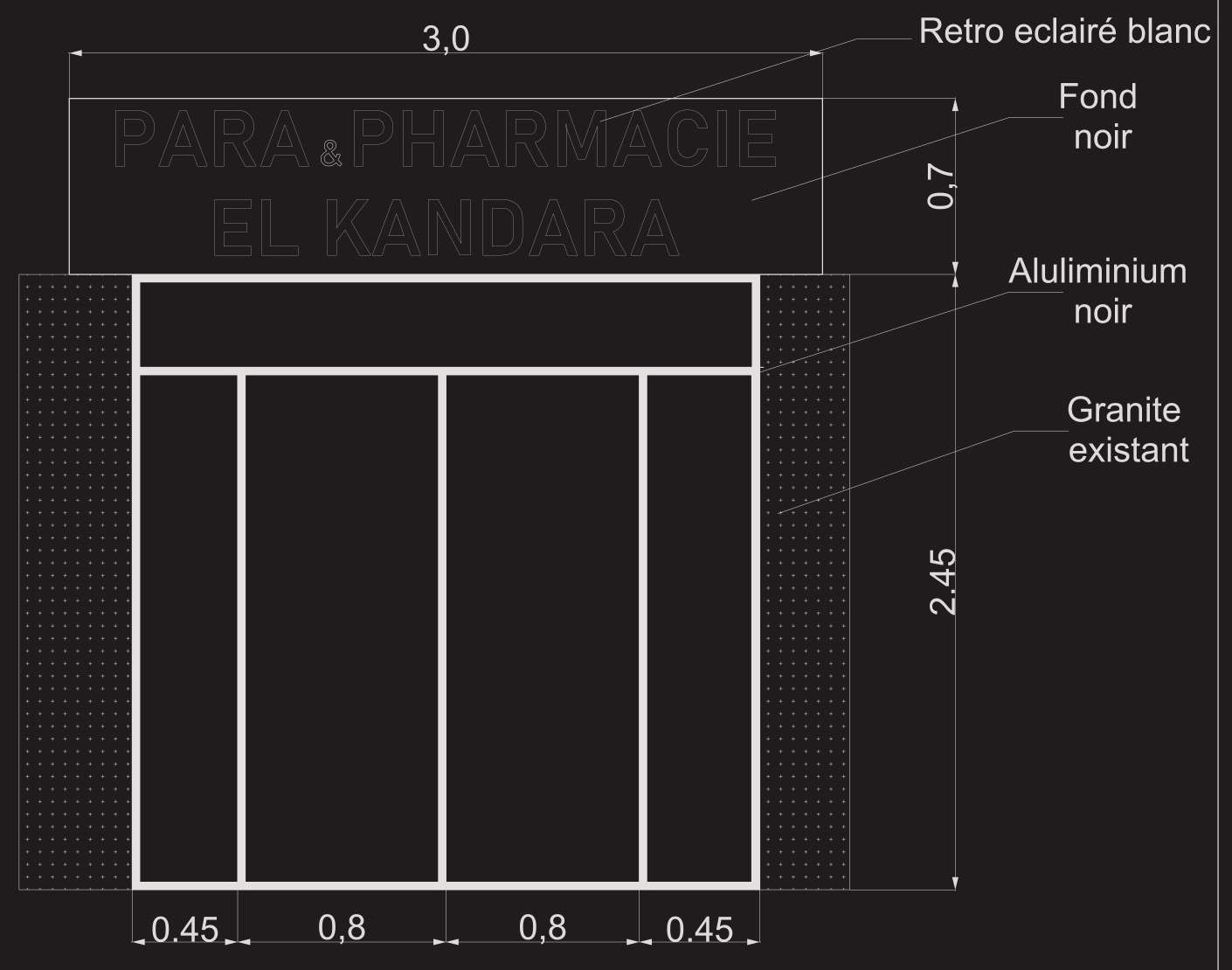 Dessin technique coté de la façade : enseigne de 3 m sur 0,70 m, vitrine de 2,45 m de haut, travées de 0,45, 0,80, 0,80 et 0,45 m