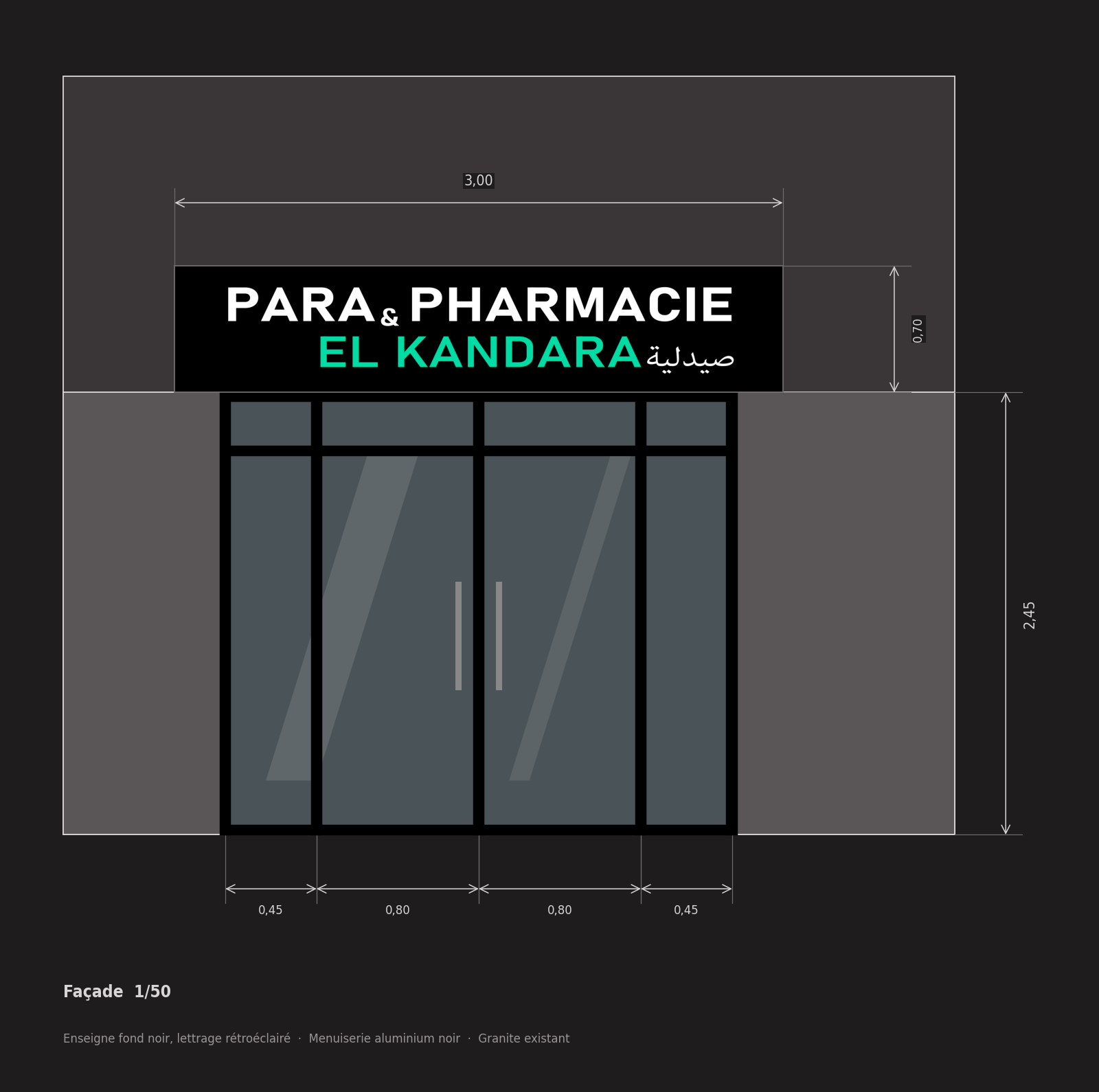 Façade au 1/50 : enseigne noire Para & Pharmacie El Kandara à lettrage rétroéclairé, vitrine en aluminium noir