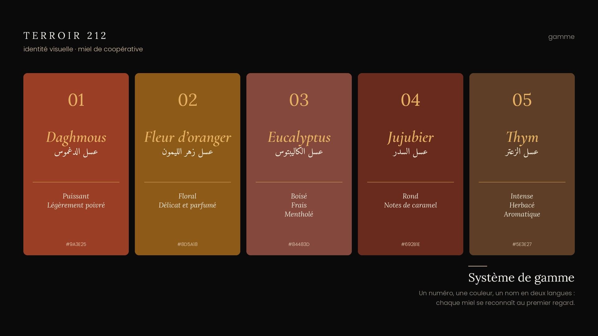 Système de gamme : cinq cartes colorées, une par miel — Daghmous, Fleur d’oranger, Eucalyptus, Jujubier, Thym — numérotées 01 à 05 avec le nom en français et en arabe