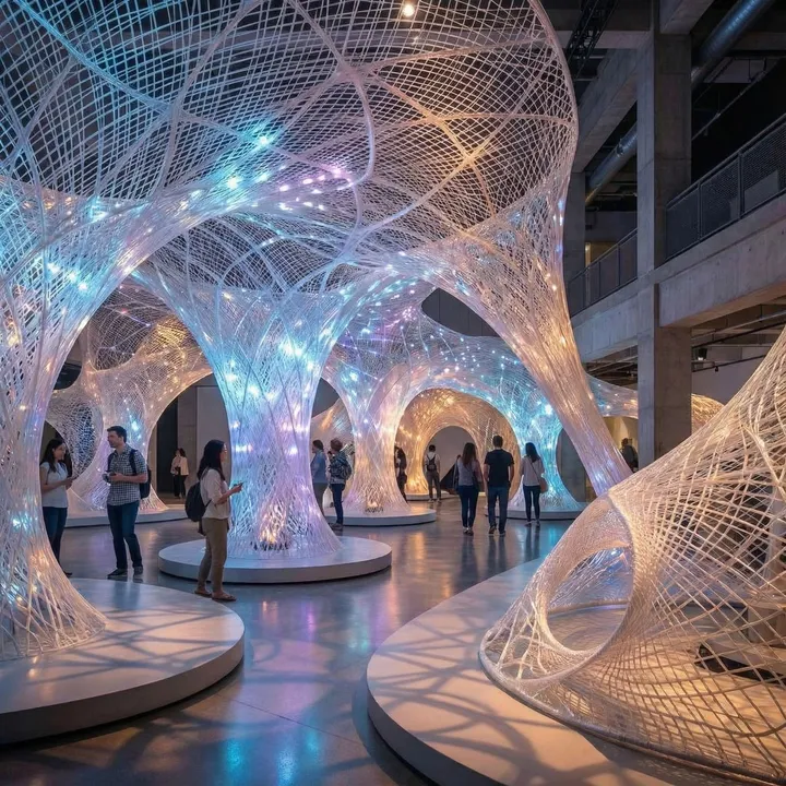 Structures filaires lumineuses formant des arches, visiteurs en dessous