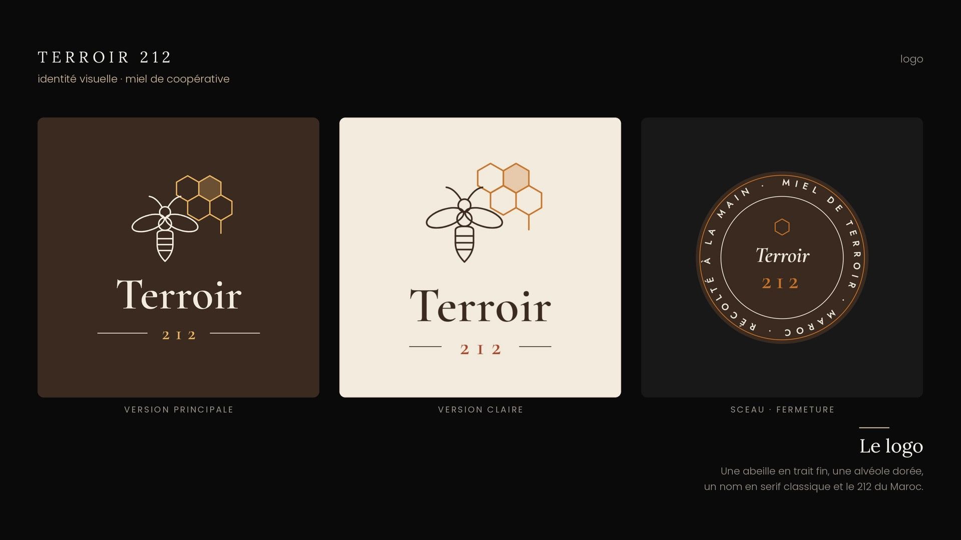 Le logo Terroir 212 en trois versions : principale sur fond brun, claire, et sceau de fermeture