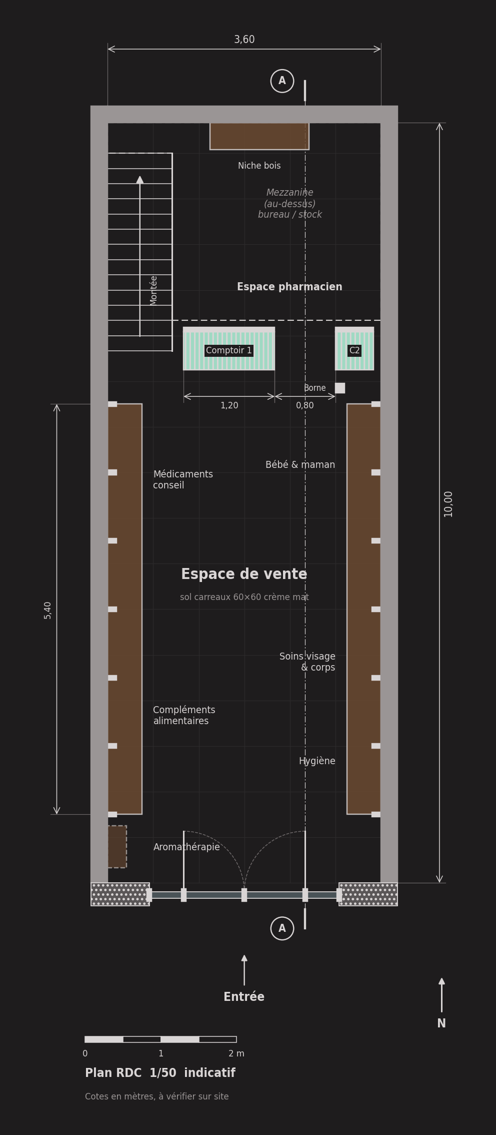 Plan du rez-de-chaussée au 1/50 : allée centrale, linéaires sur les deux murs, deux comptoirs, espace pharmacien, escalier et mezzanine au fond
