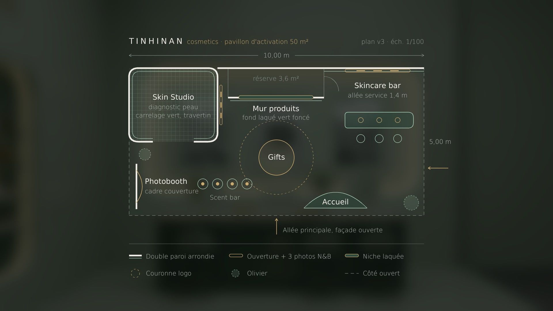 Planche du plan du pavillon Tinhinan, 10 × 5 m : Skin Studio, mur produits, gifts, skincare bar, scent bar, photobooth, accueil et réserve