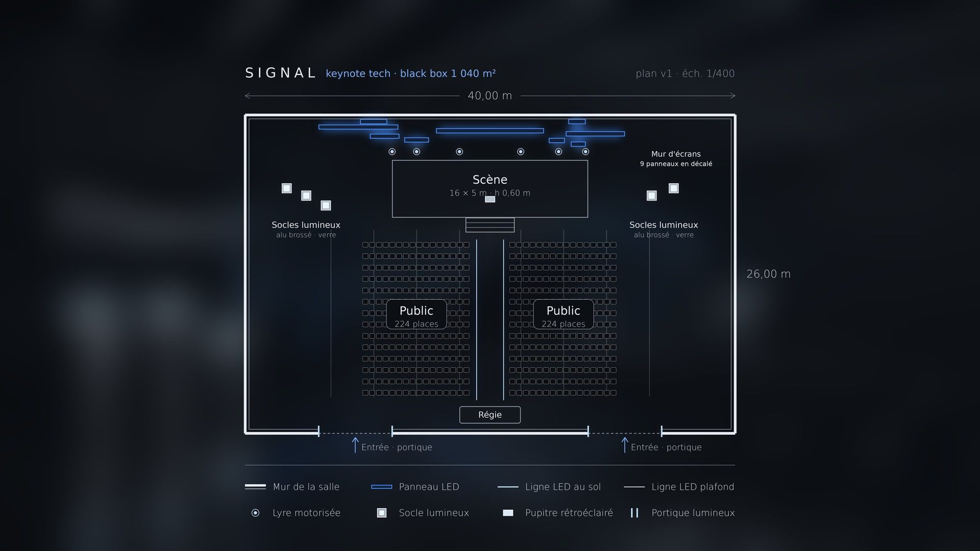Planche du plan Signal, black box de 40 × 26 m : scène de 16 × 5 m, mur de neuf panneaux LED en décalé, socles lumineux, deux blocs de 224 places, régie