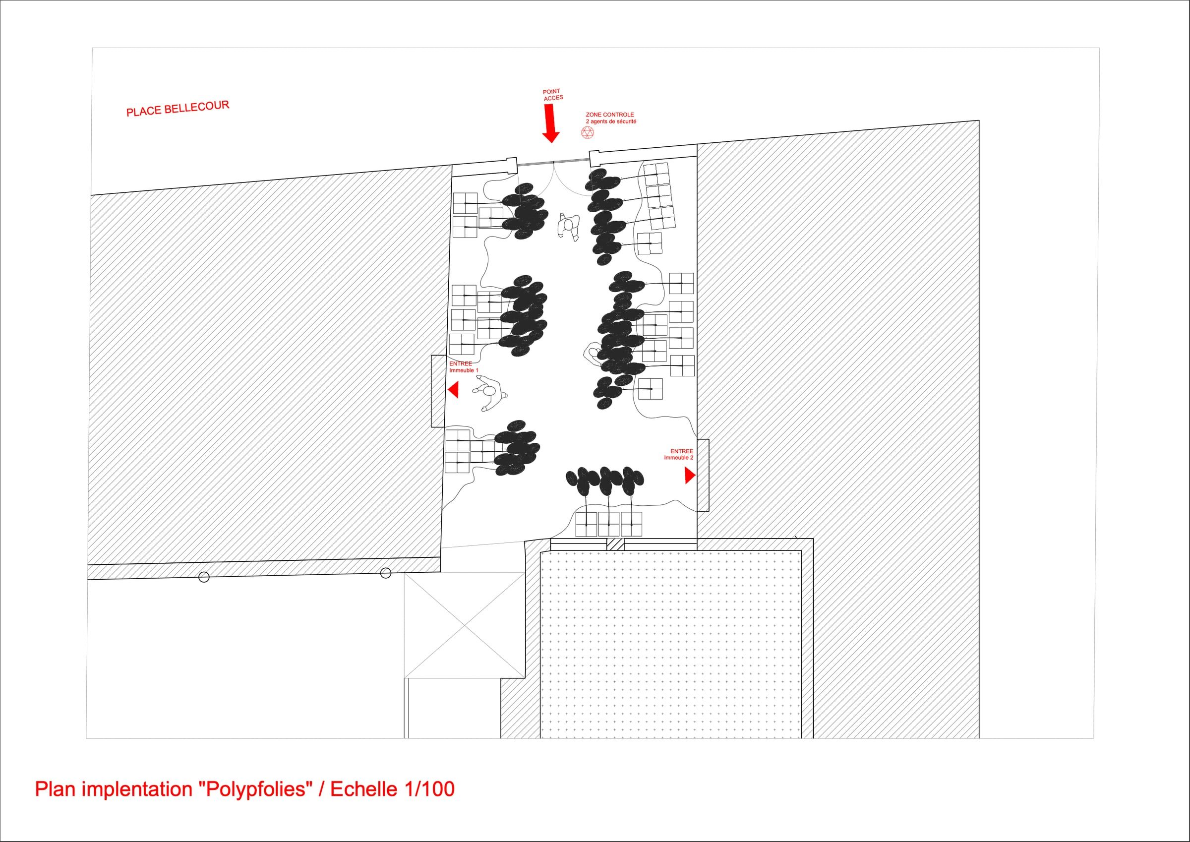 Plan d’implantation de Polypholies à l’échelle 1/100, place Bellecour