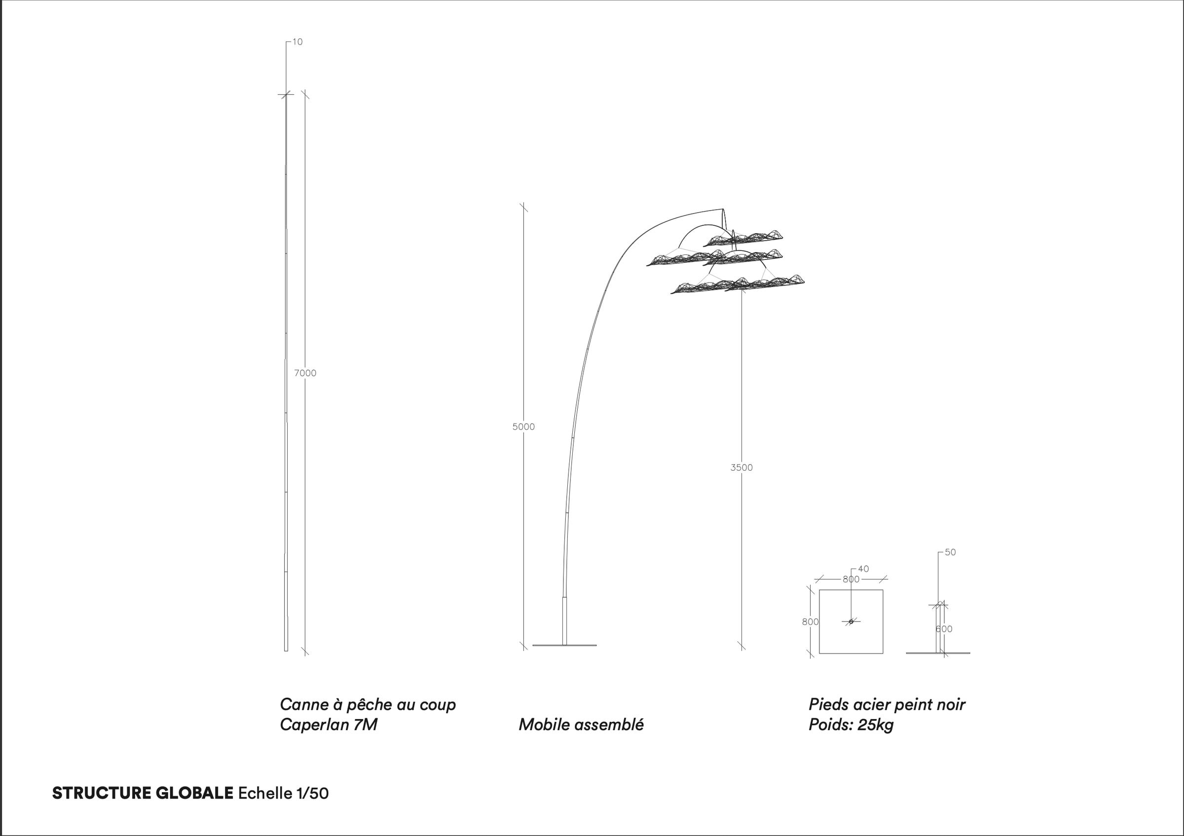 Structure globale à l’échelle 1/50 : canne, mobile assemblé, pied en acier