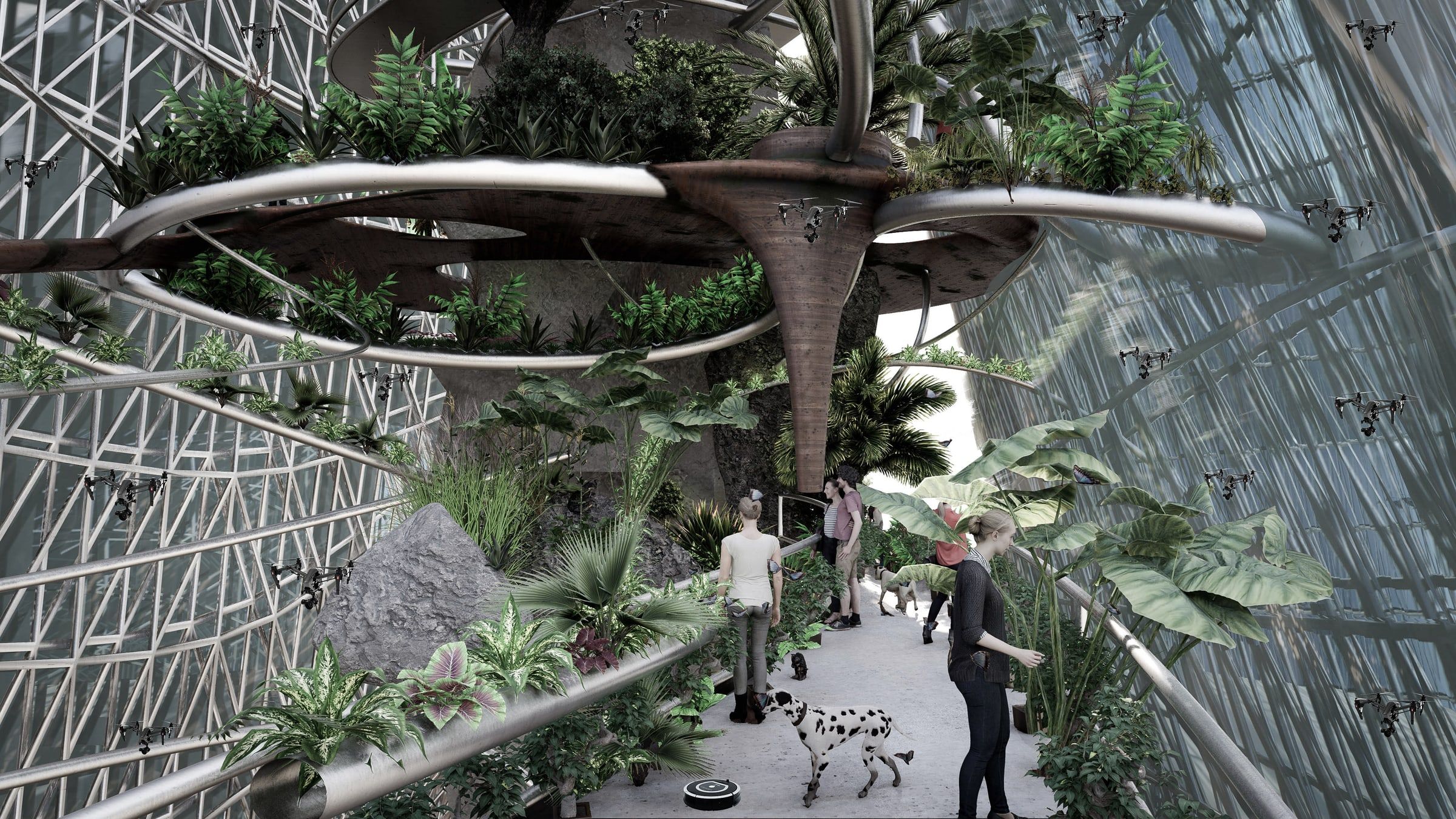 Vue intérieure : jardin suspendu sous la structure filaire, visiteurs