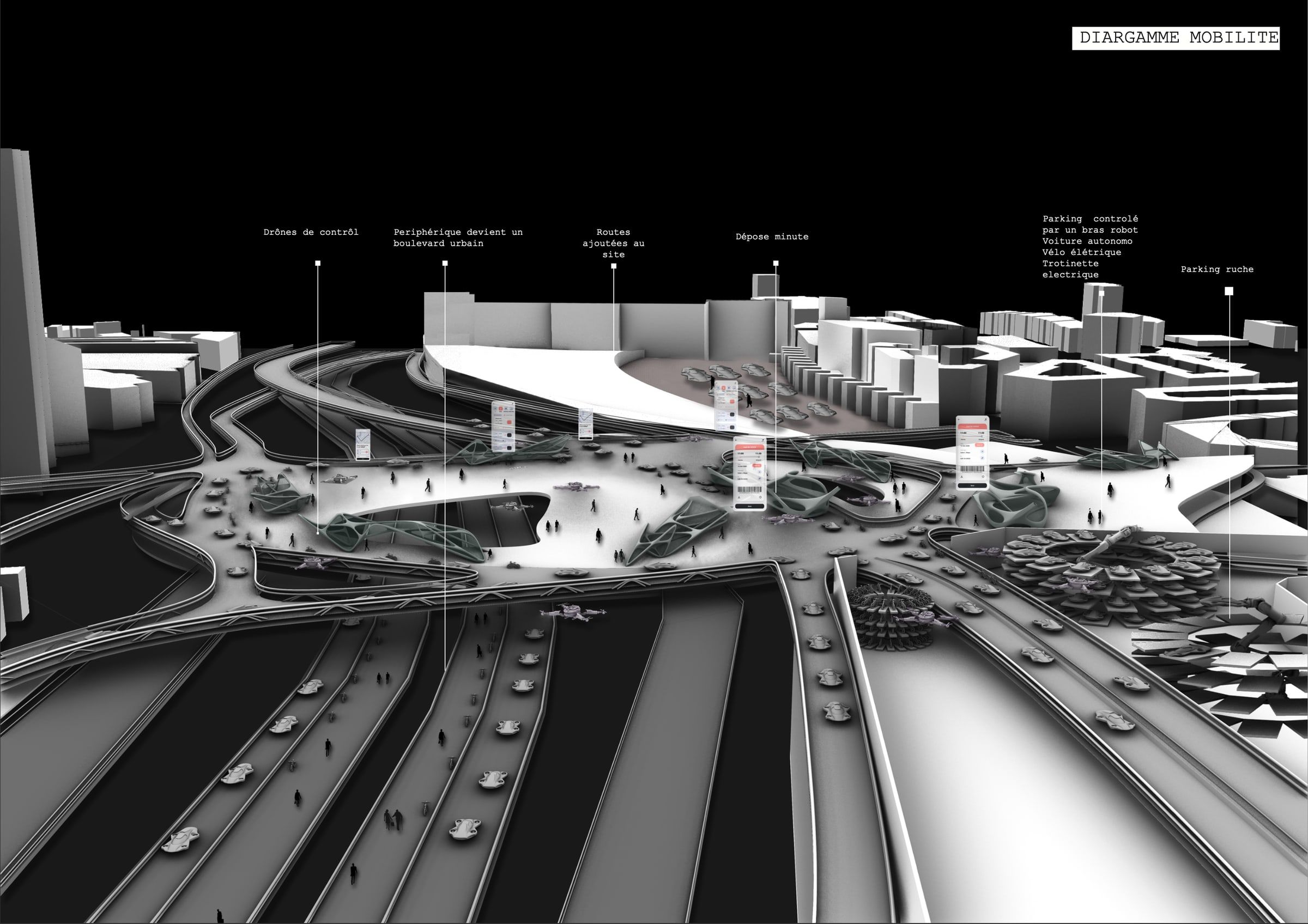 Axonométrie urbaine : la tour et ses accès dans le réseau des voies
