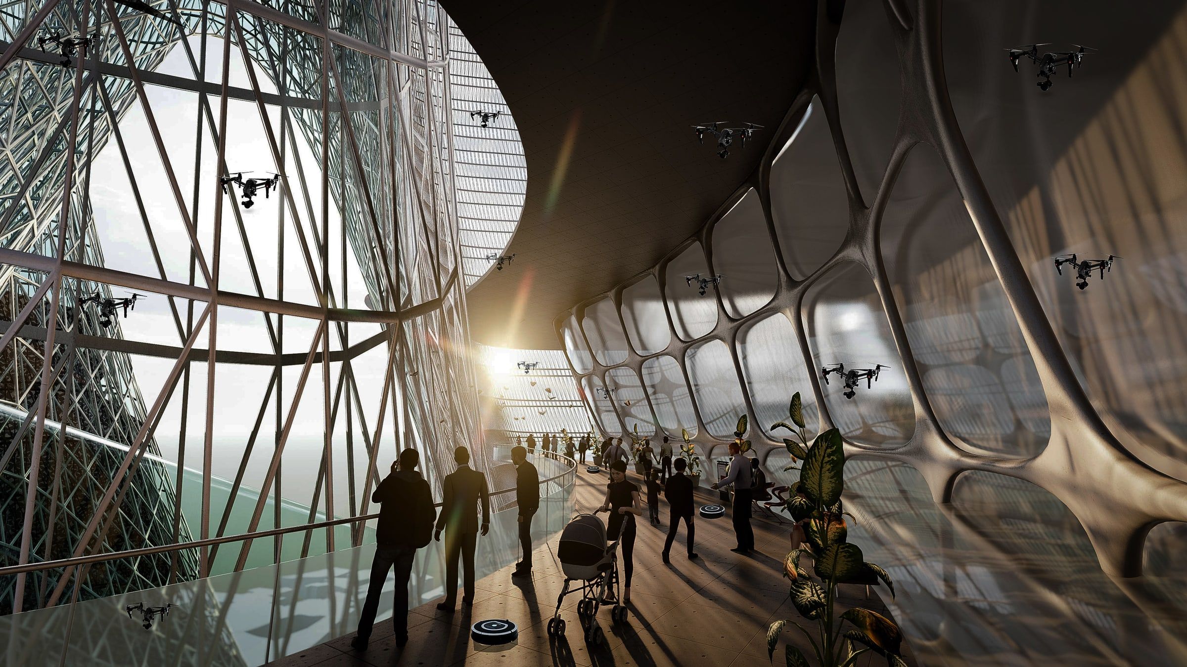 Vue intérieure d’un espace d’exposition ouvert sur la façade filaire