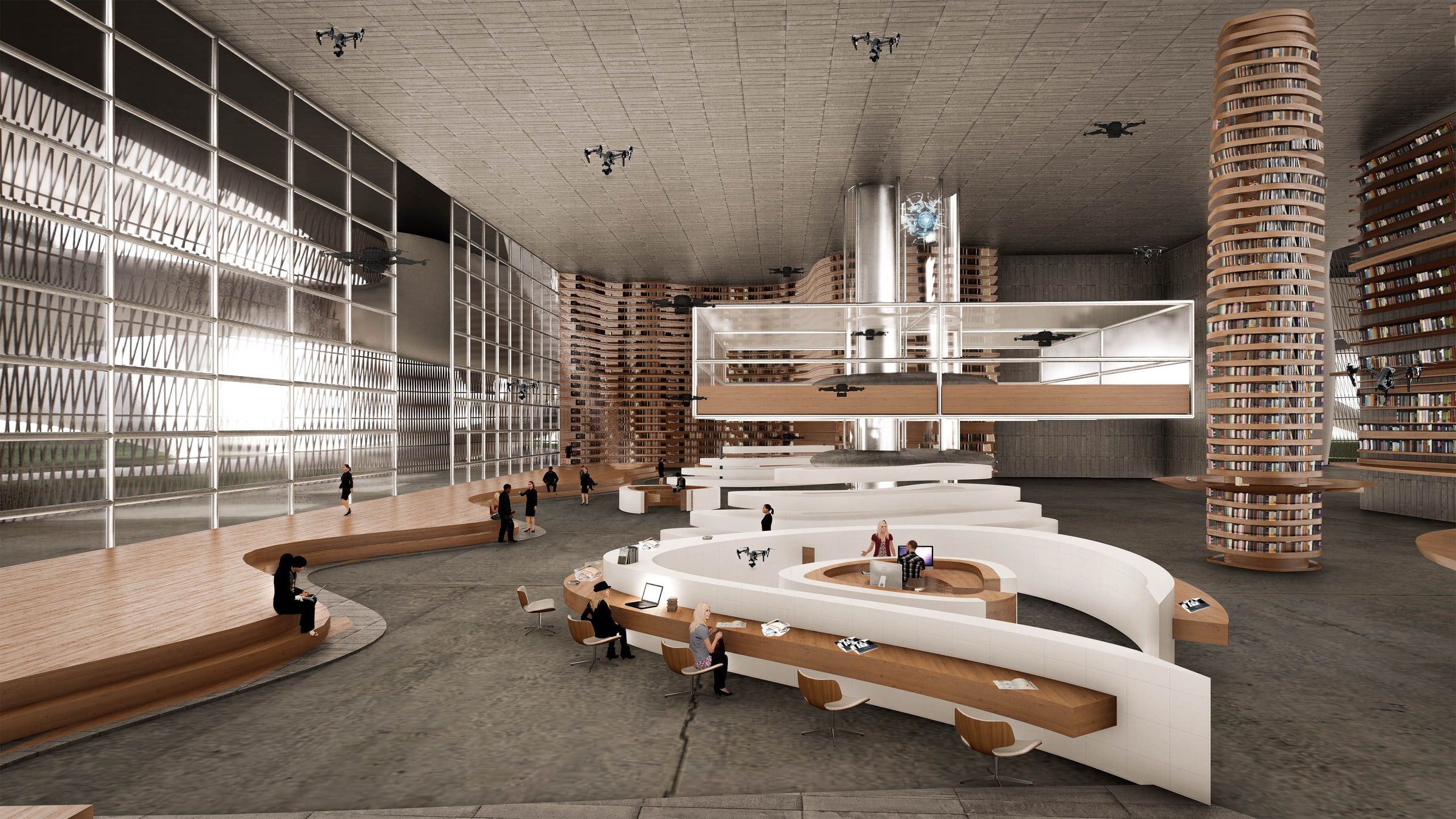 Vue intérieure : espace de rencontre, mobilier en bois clair, colonnes