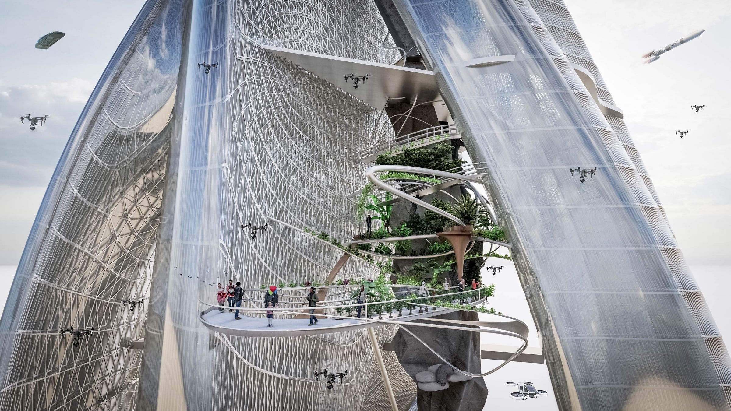 Structure métallique de la tour des Rencontres Éphémères : treillis d’acier, passerelles et visiteurs, vus de l’intérieur