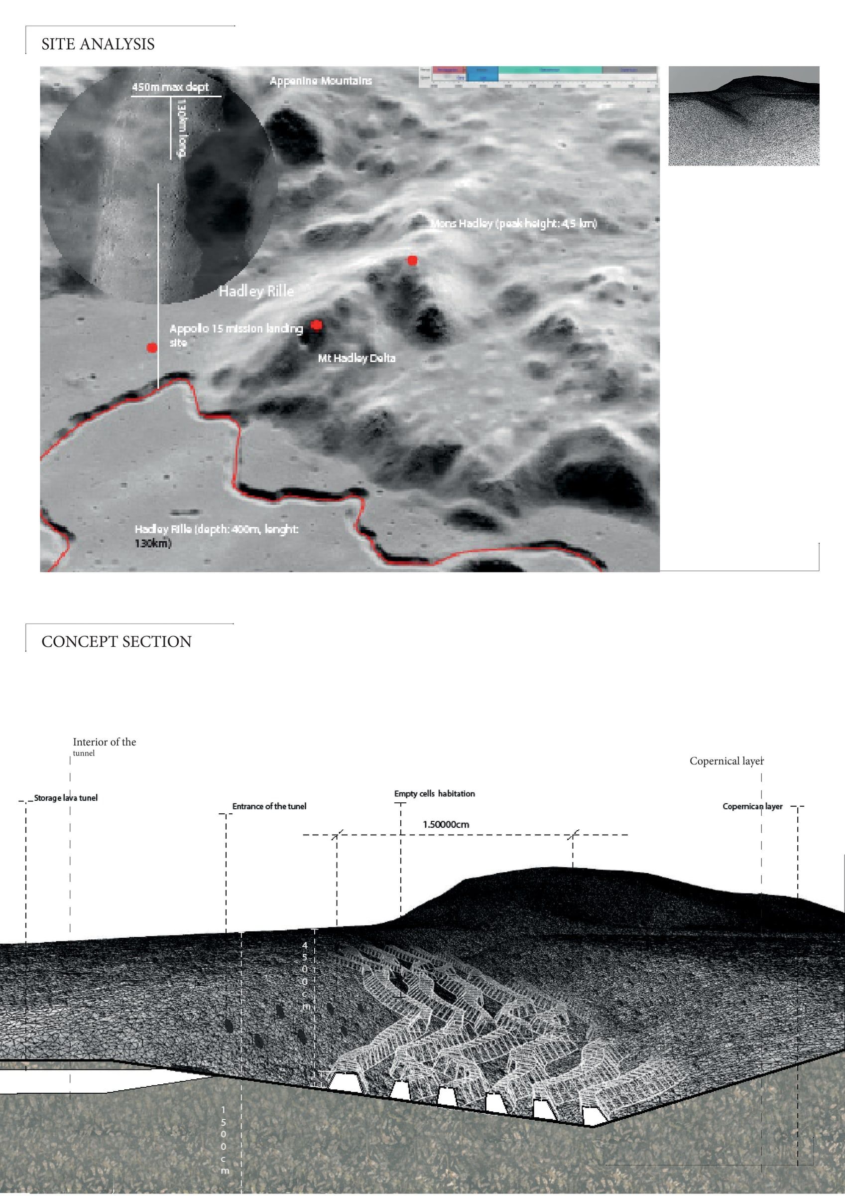 Analyse de site et coupe de concept du projet Robotic Moon-scaping