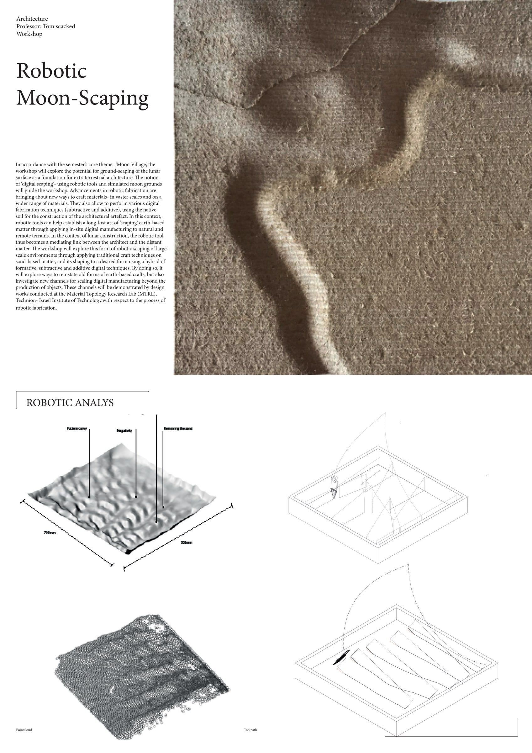 Planche de présentation Robotic Moon-scaping : texte, motif façonné et analyses