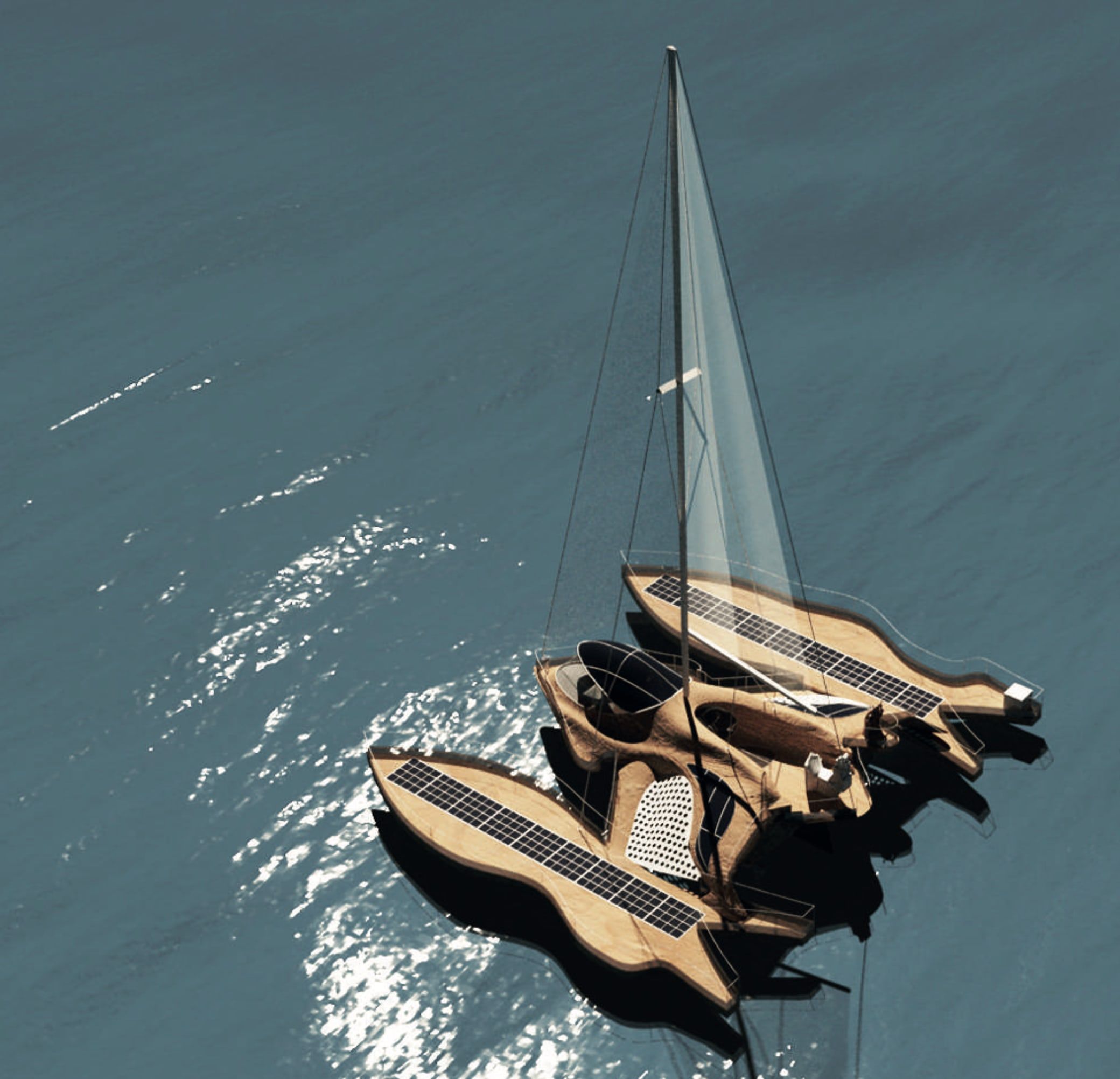 Vue 3D du voilier en bambou vu de haut, voile déployée