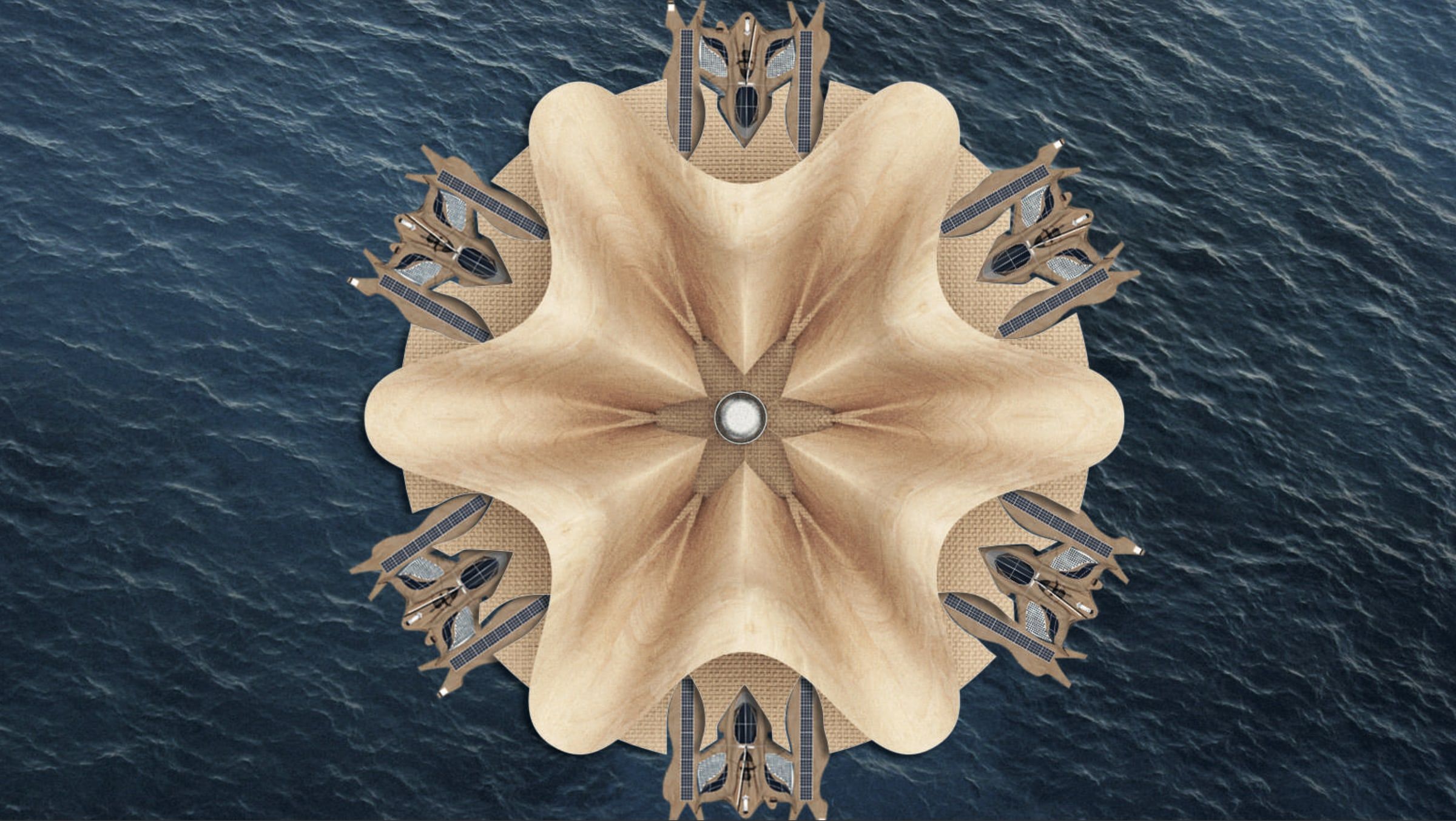 Vue 3D de plusieurs bateaux amarrés en étoile autour d’une plateforme