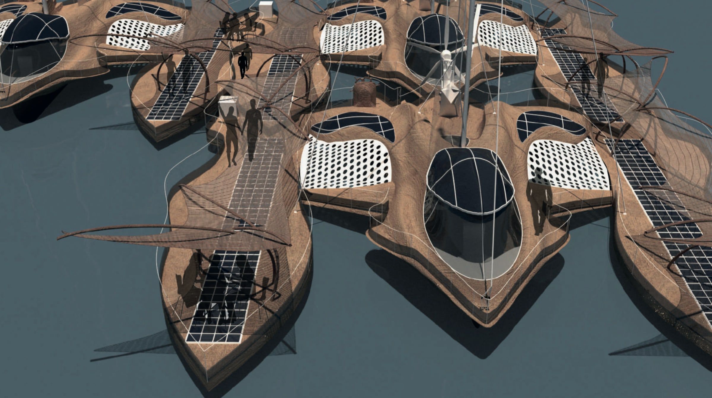 Vue 3D rapprochée des bateaux assemblés, ponts et panneaux solaires