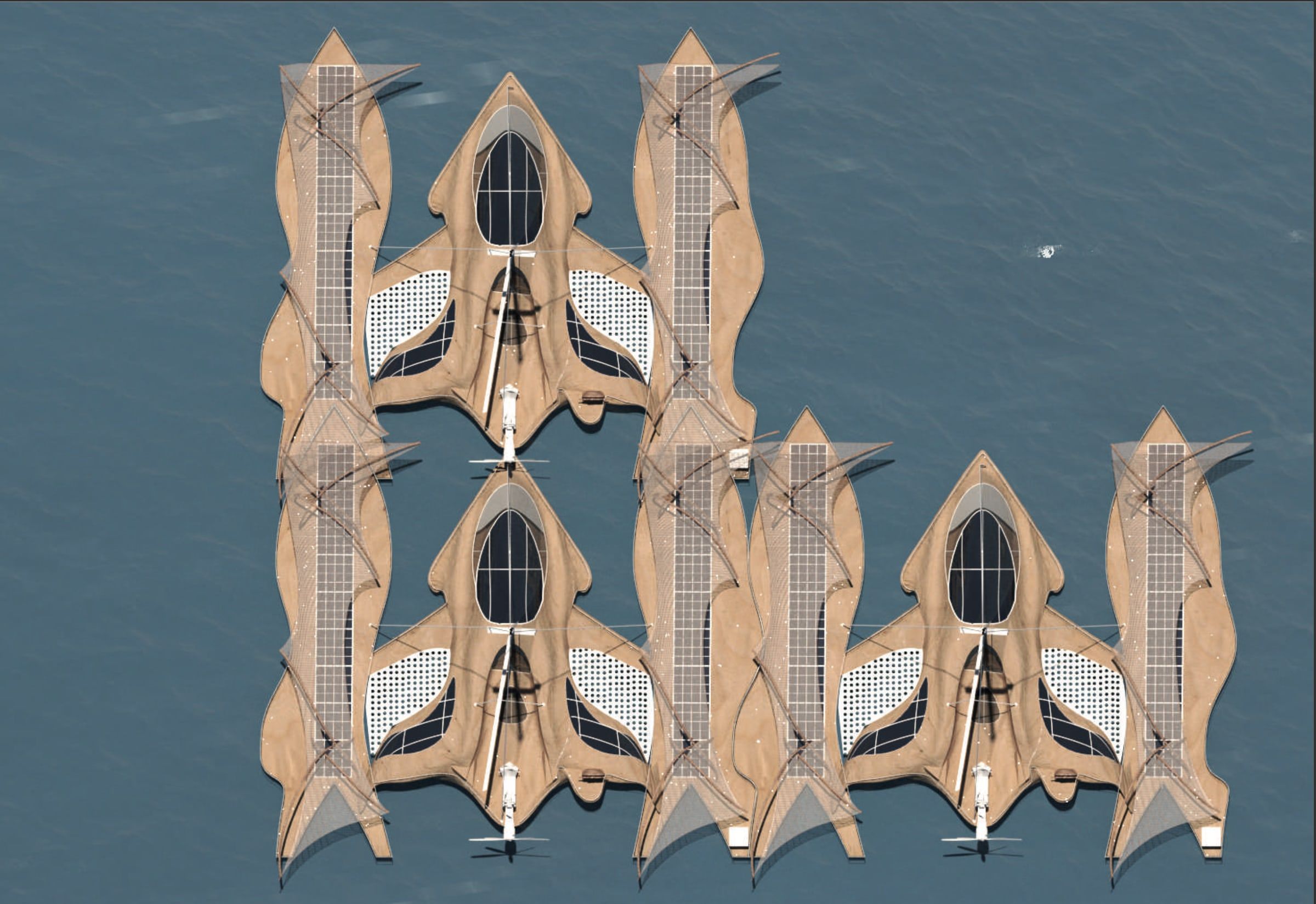 Vue 3D de bateaux alignés côte à côte sur l’eau