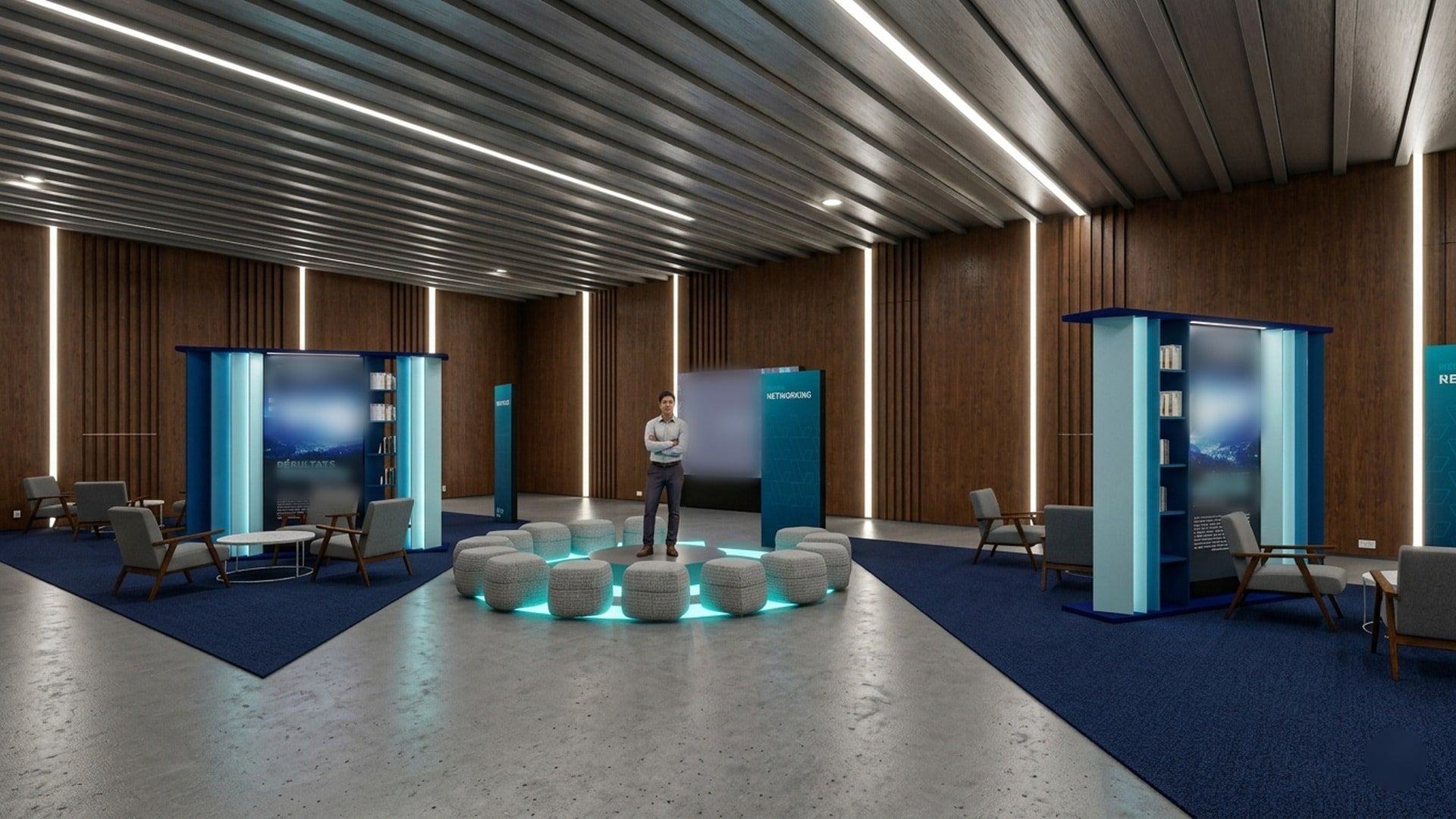 Vue 3D de la grande salle d’un forum d’entreprise : deux îlots de présentation bleu nuit encadrent un cercle de poufs lumineux, murs en lames de bois