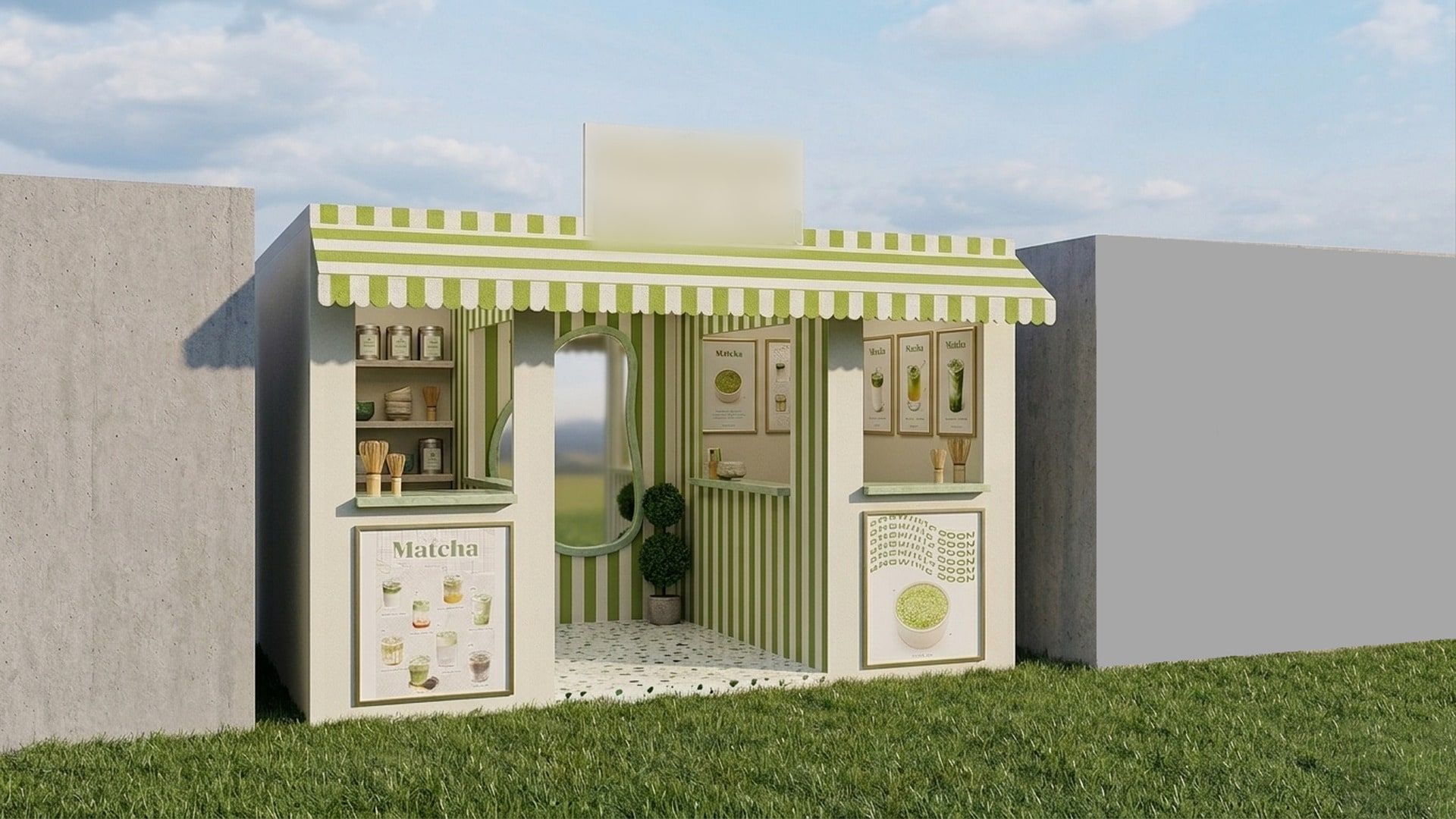 Vue 3D de la façade du kiosque, palette crème et vert, auvent rayé