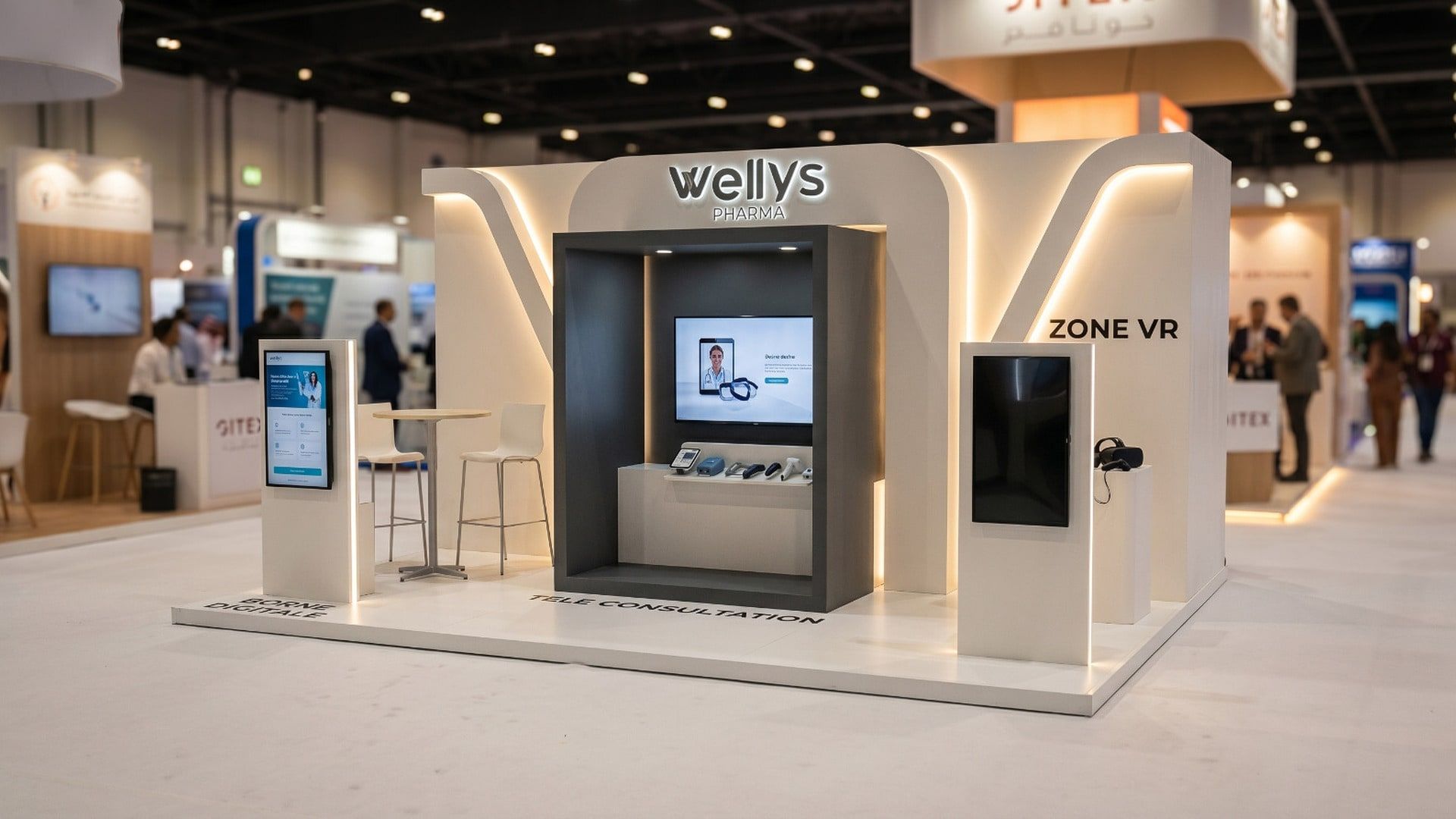 Vue 3D du stand Wellys Pharma : arche blanche aux courbes rétroéclairées, cabine de téléconsultation anthracite au centre, borne digitale à gauche et zone VR à droite