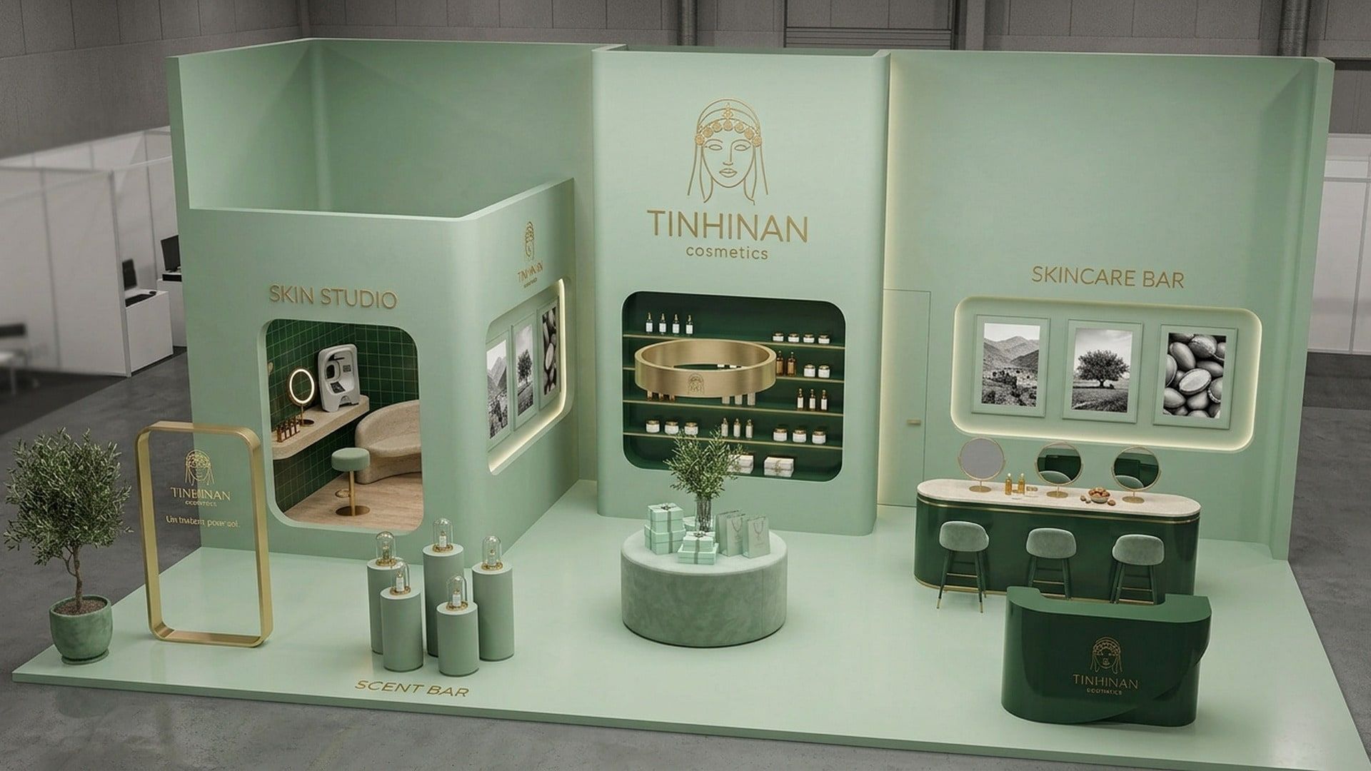 Vue 3D du pavillon Tinhinan Cosmetics : double paroi arrondie vert sauge, Skin Studio carrelé vert profond, mur produits rétroéclairé et skincare bar sous trois photographies de paysages