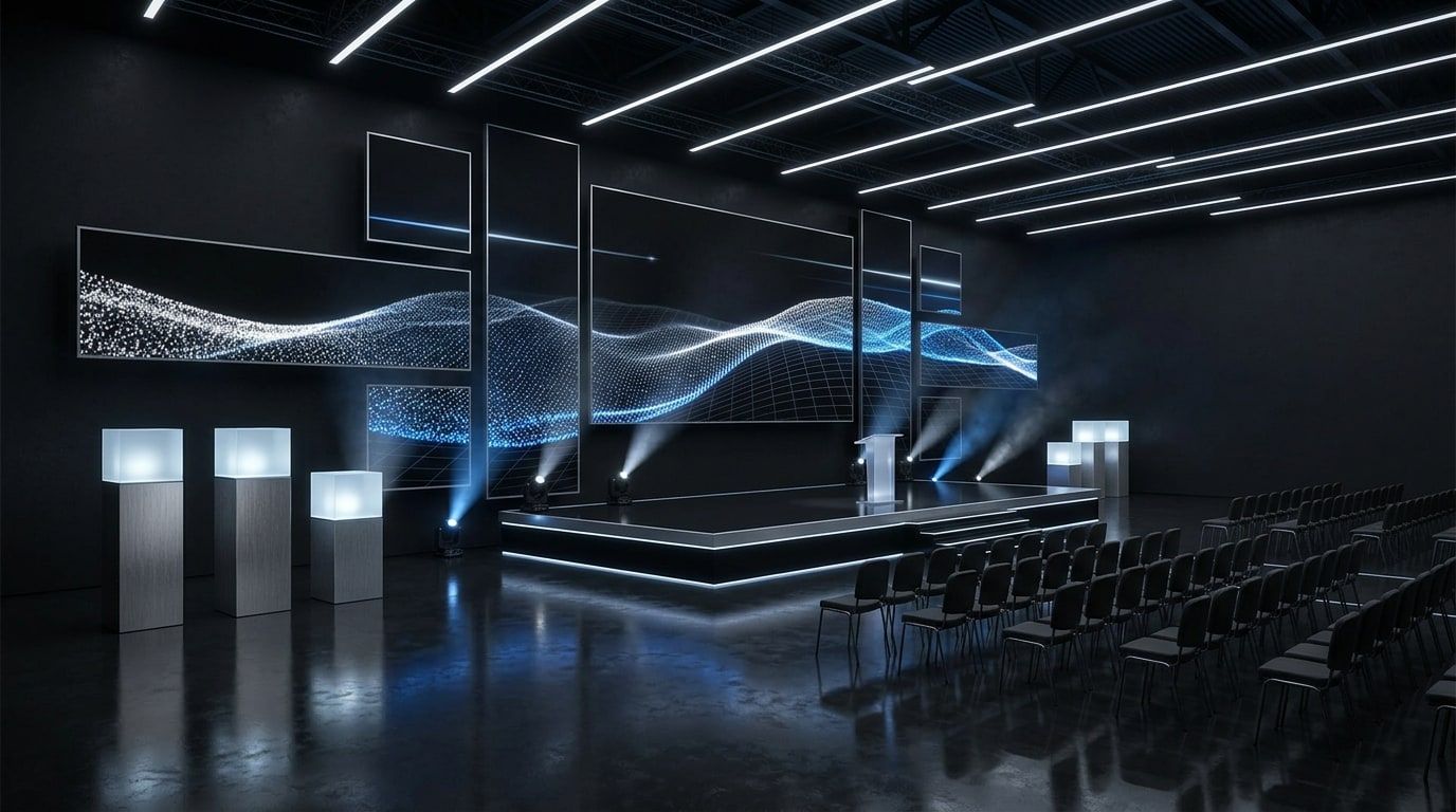 Vue 3D d’une keynote en black box : neuf panneaux LED de tailles différentes décalés en profondeur, traversés par une vague de particules lumineuses, scène cerclée d’aluminium brossé