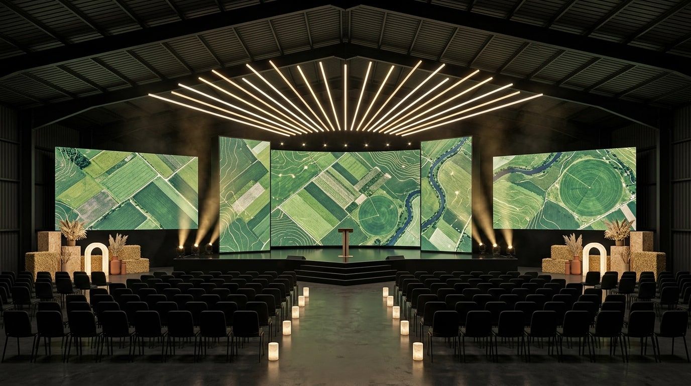 Vue 3D d’une keynote dans un hangar : cinq écrans montrant des vues aériennes de champs, éventail de lignes lumineuses au-dessus de la scène, bottes de paille et arches lumineuses de part et d’autre