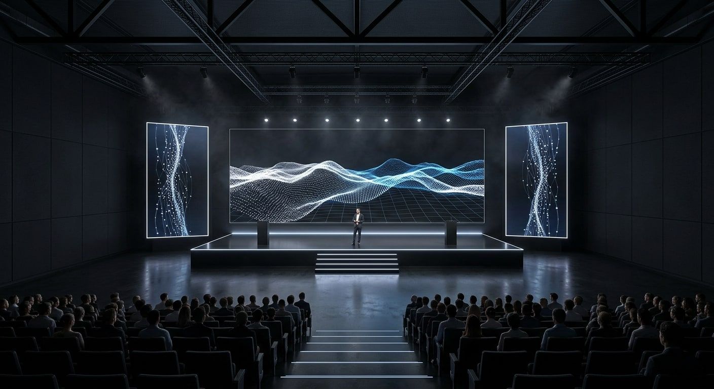 Vue 3D frontale : la scène flottante soulignée d’une ligne de lumière, panneaux LED en grille, deux blocs de sièges