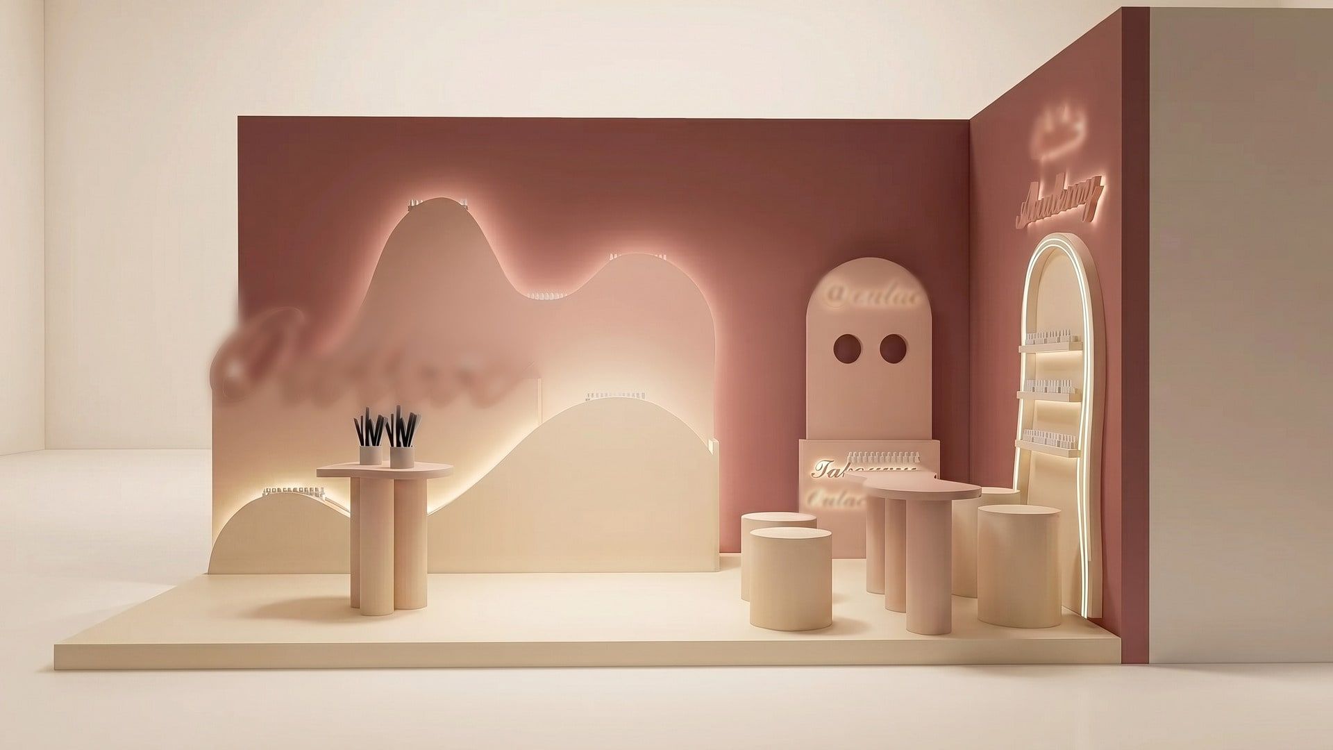 Vue 3D d’ensemble du stand d’angle, murs vieux rose et mobilier crème