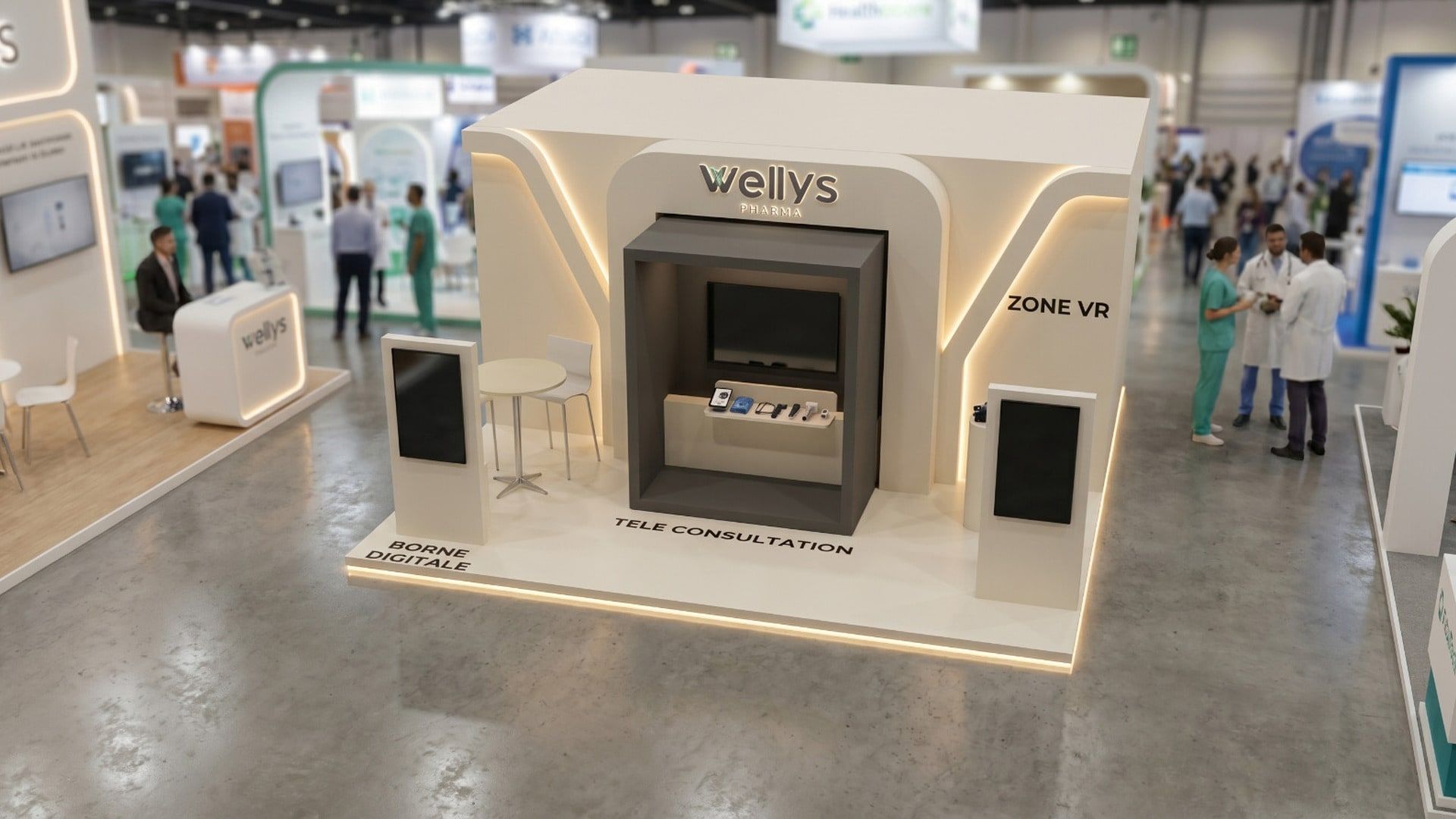 Vue 3D du stand Wellys dans la halle du salon : rubans LED chauds au pied des volumes, signalétique intégrée au sol