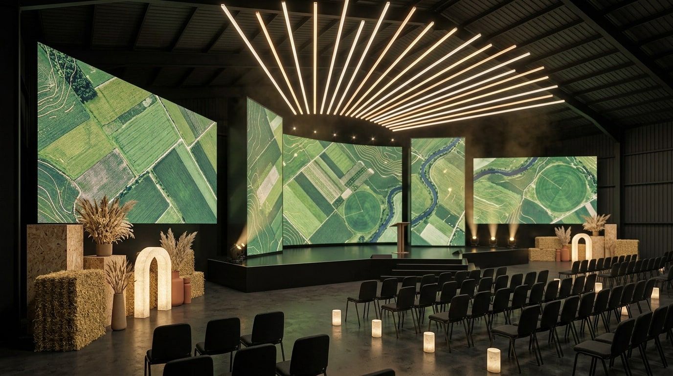 Vue 3D de trois quarts : écrans en V autour de l’écran central incurvé, installation de bottes de paille, blé séché et arche lumineuse au premier plan