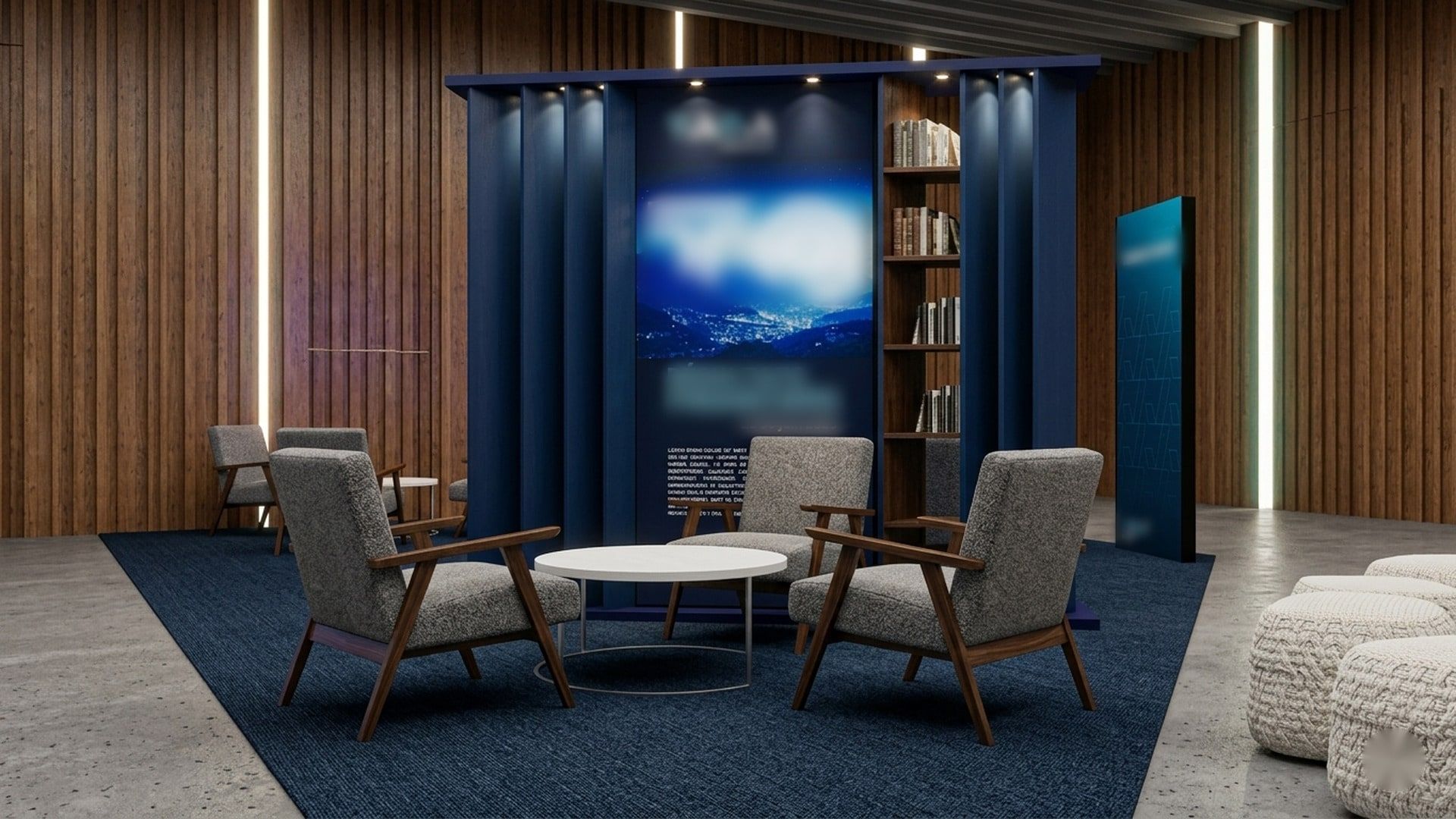 Vue 3D d’un îlot de présentation bleu nuit : fauteuils, table basse, écran et bibliothèque éclairée
