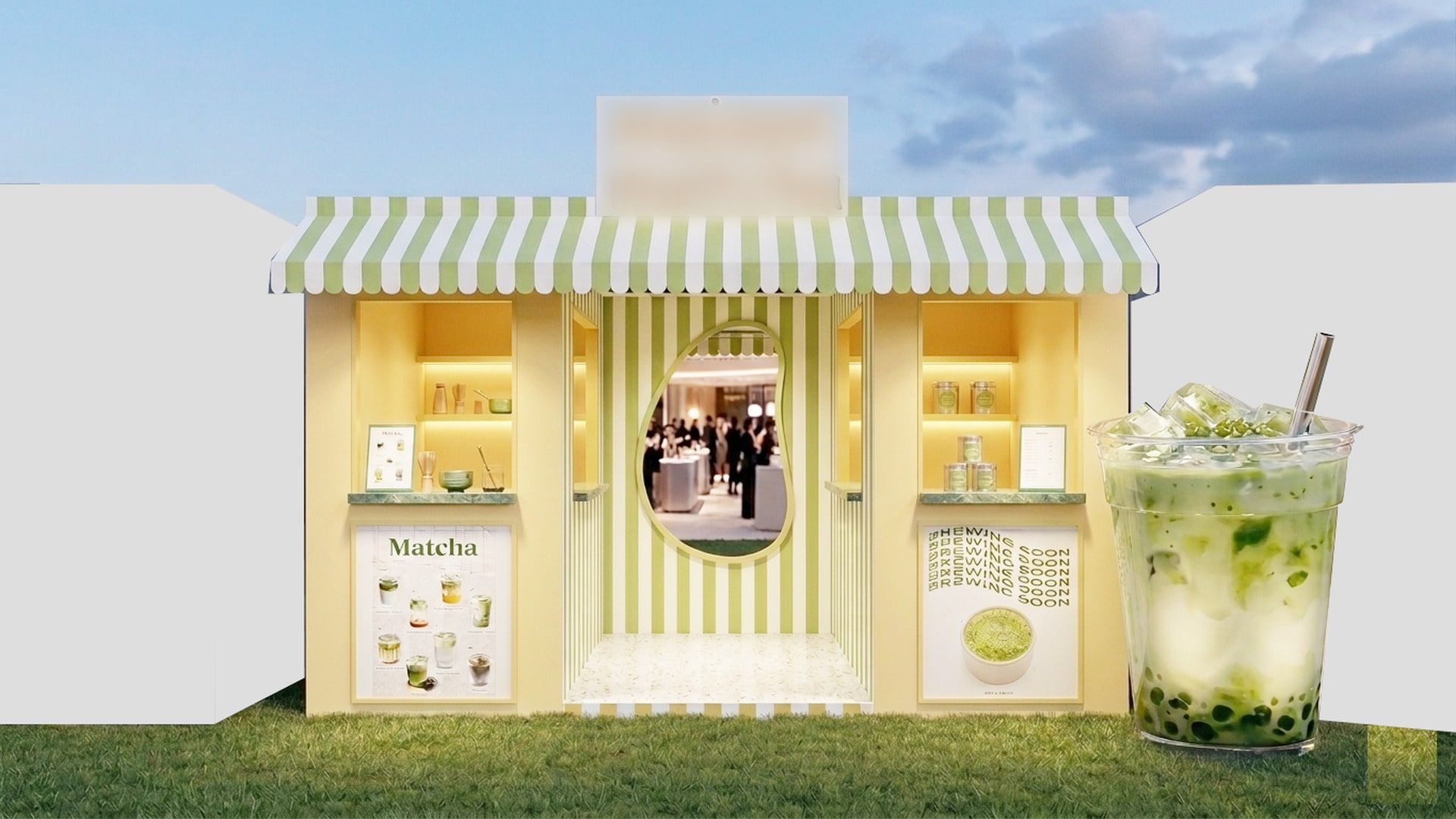 Vue 3D de la déclinaison jaune : façade crème à auvent rayé vert et blanc, vitrines éclairées, passage central
