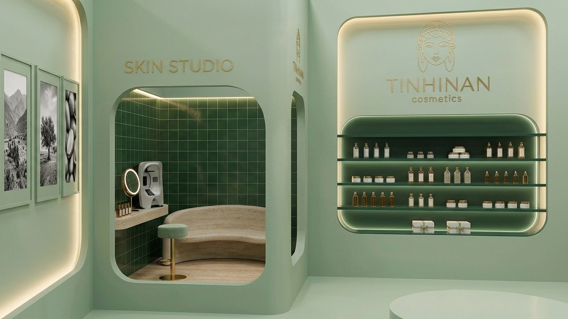 Vue 3D du Skin Studio : cabine de diagnostic carrelée vert profond avec banc et console en travertin, mur produits laqué vert et rétroéclairé