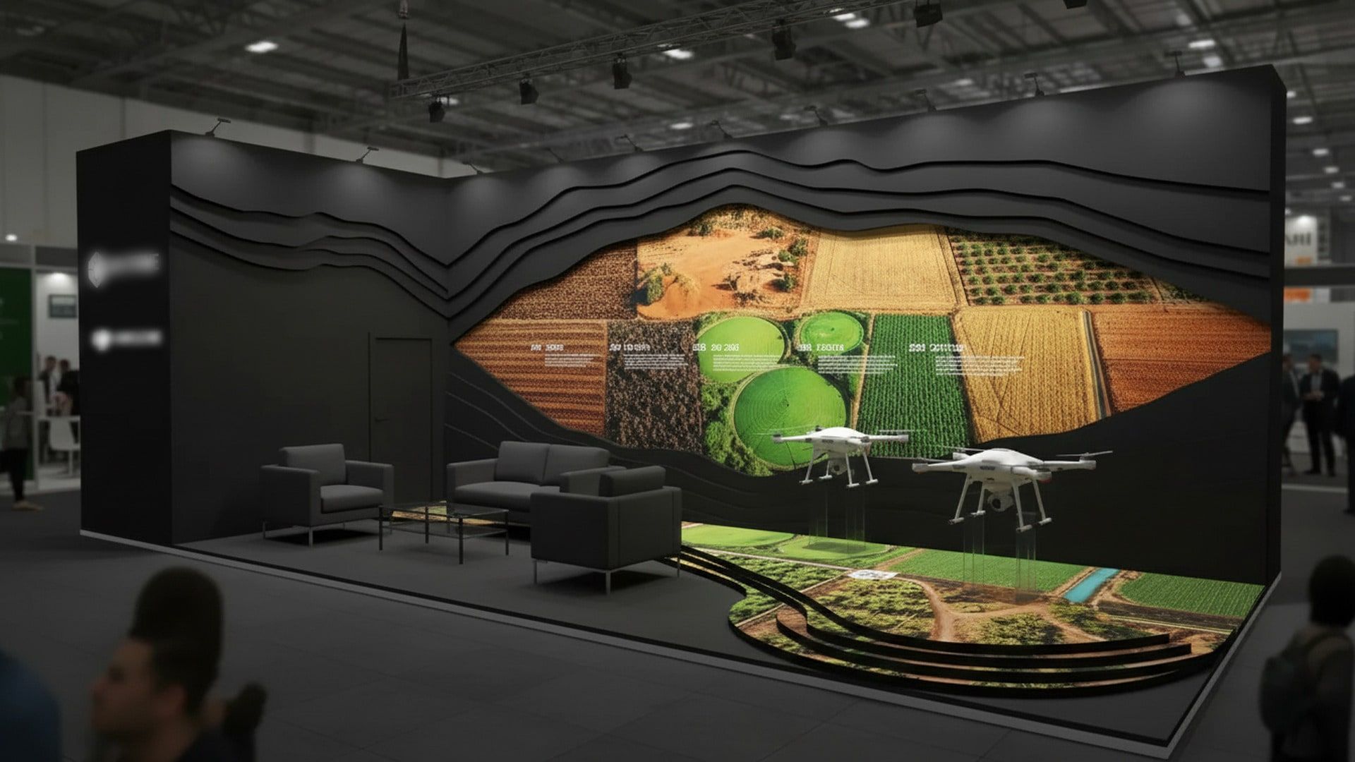 Vue 3D de face : la frise topographique court sur toute la longueur du mur, salon d’accueil à gauche, zone d’exposition à droite
