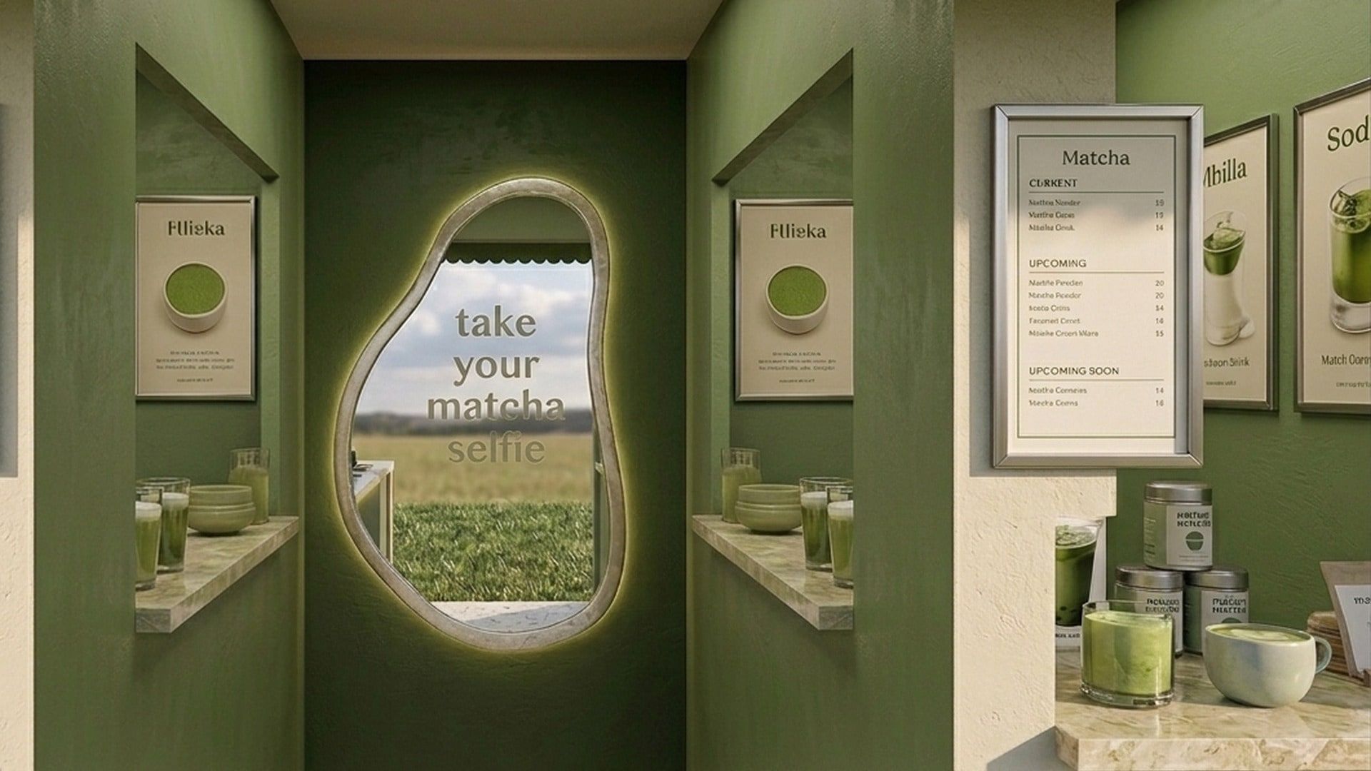 Vue 3D de l’espace photo : miroir aux formes organiques rétroéclairé entre deux comptoirs matcha show