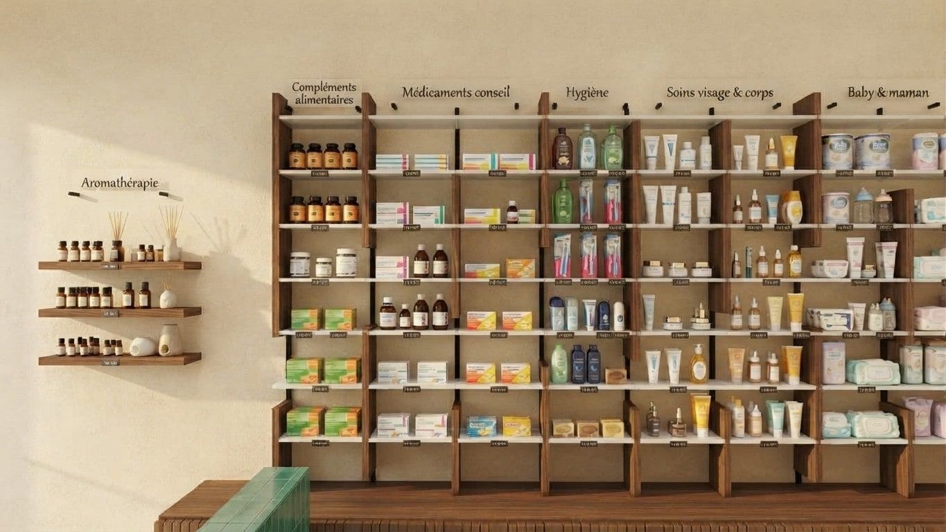Vue 3D du mur de vente : aromathérapie sur trois étagères flottantes en noyer, puis compléments, médicaments conseil, hygiène, soins, bébé et maman, chaque famille signalée en tête de section