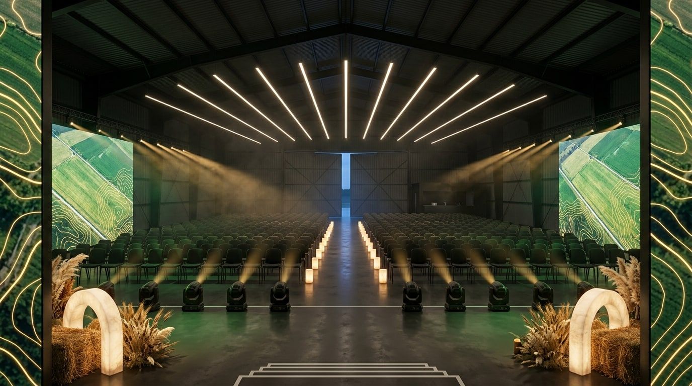 Vue 3D depuis l’entrée du public : l’allée centrale ponctuée de cylindres lumineux mène à la scène entre deux blocs de sièges