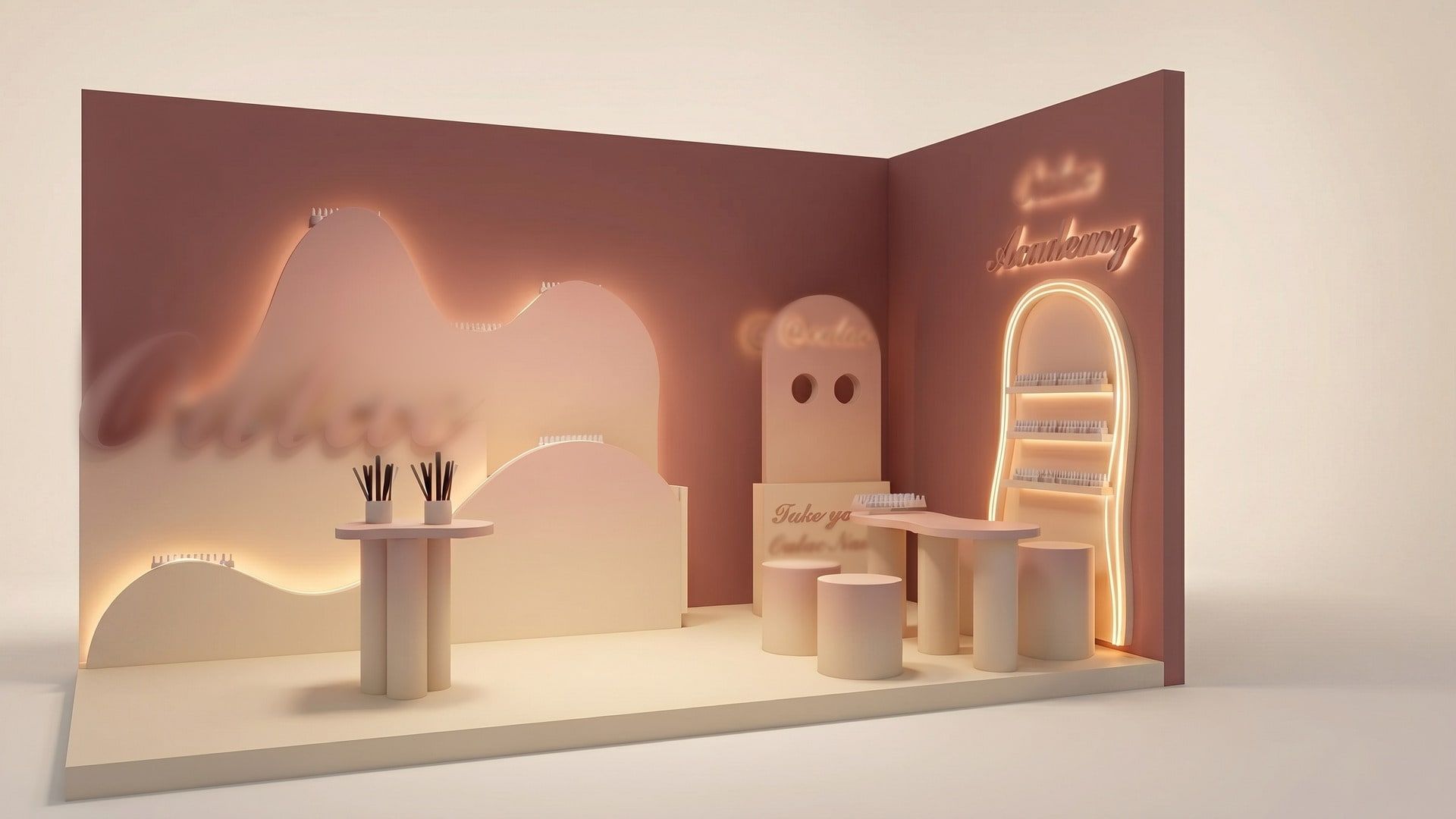 Vue 3D depuis l’autre angle : niche lumineuse en arche de l’Academy et spot photo