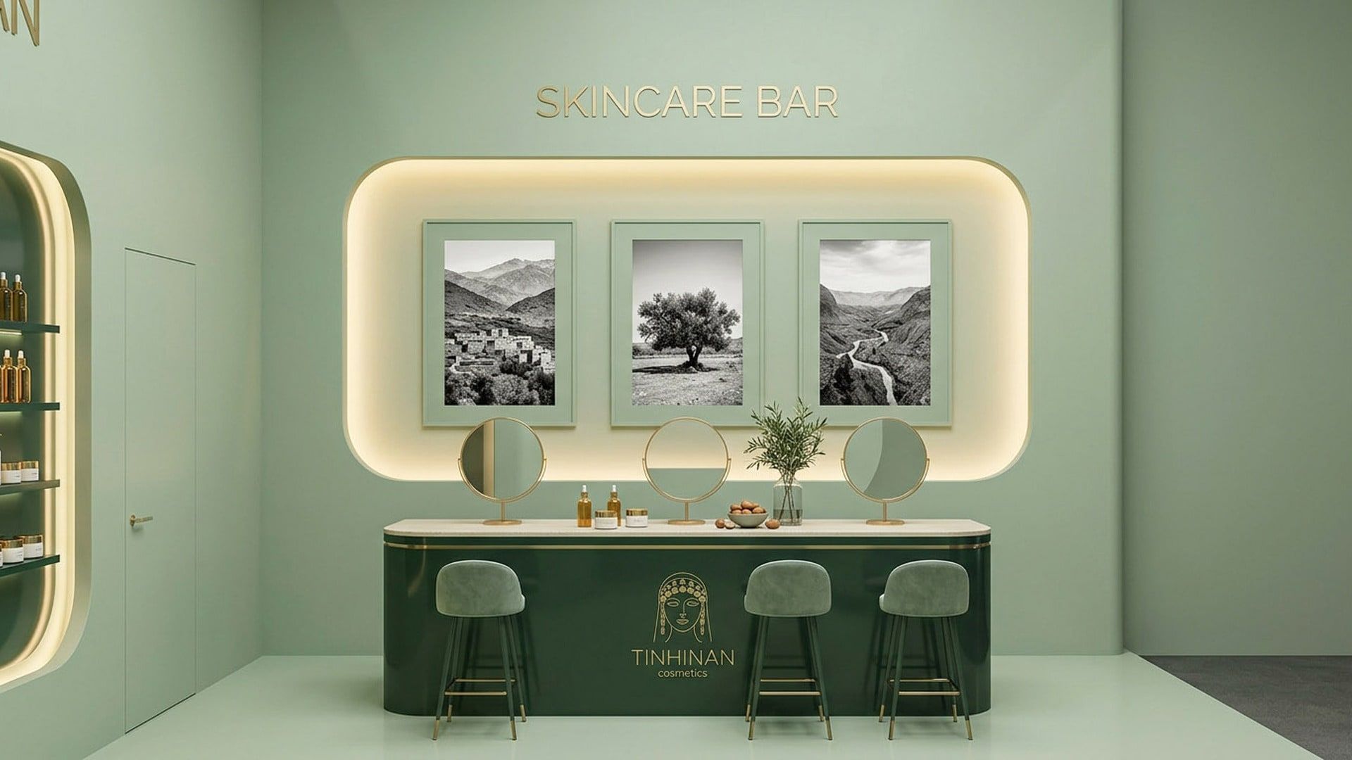 Vue 3D du skincare bar : comptoir vert foncé, miroirs, trois photographies de paysages berbères en noir et blanc