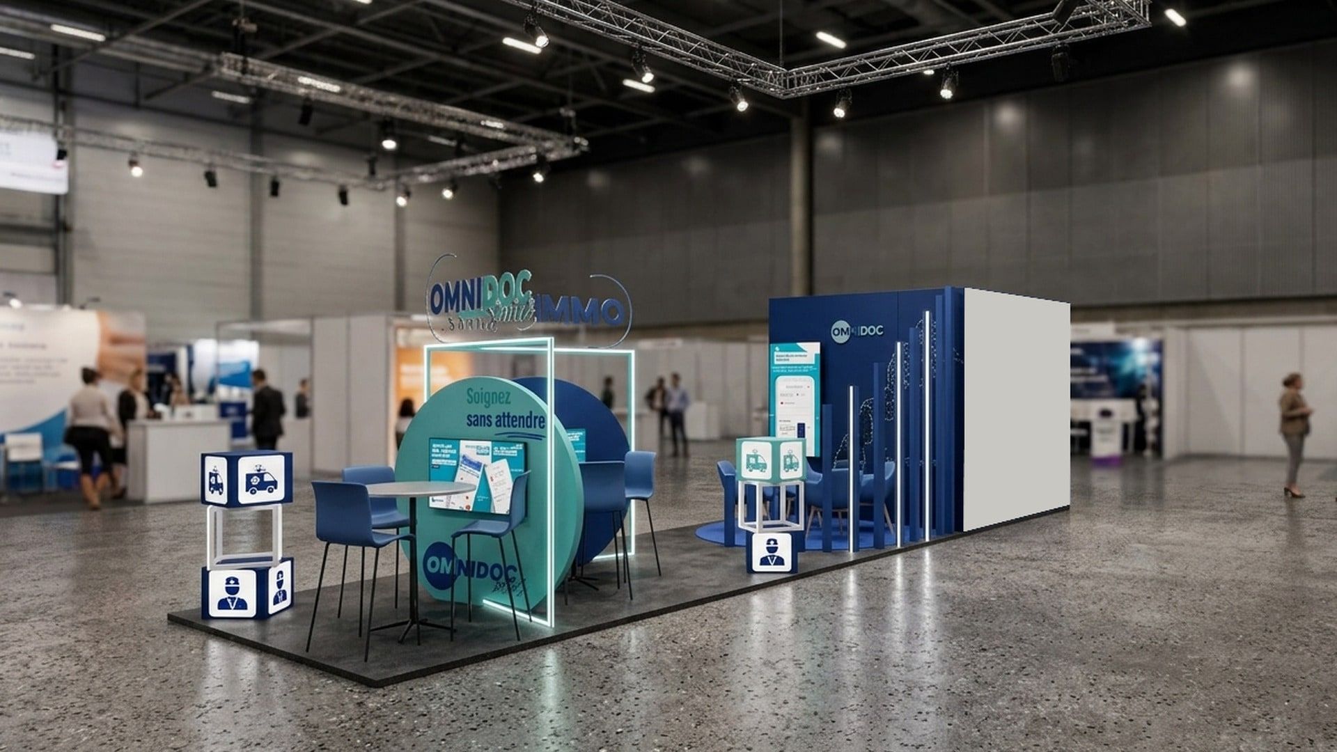 Vue 3D d’ensemble du stand dans la halle, avec les deux espaces démo et les tables hautes