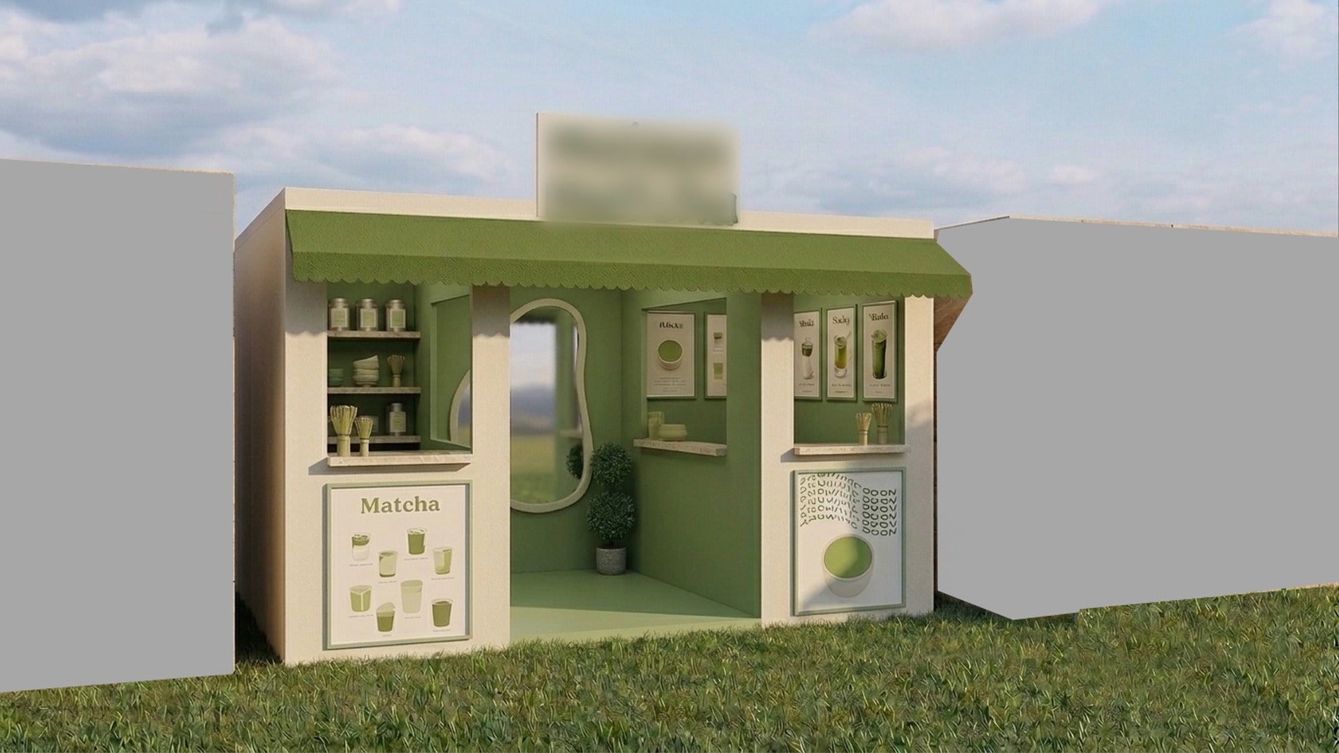 Vue 3D d’un kiosque pop-up dans sa déclinaison vert matcha : façade crème, auvent et intérieur verts, vitrines, passage central vers un miroir aux formes organiques