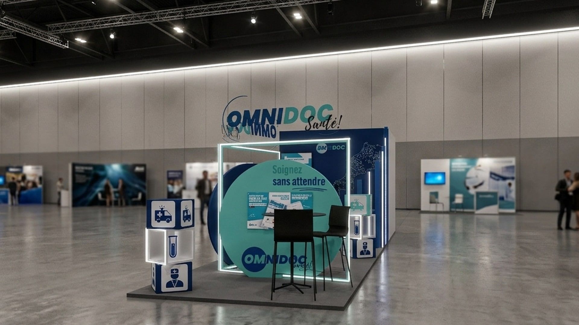 Vue 3D rapprochée des espaces démo : disque « Soignez sans attendre », écran et cubes lumineux